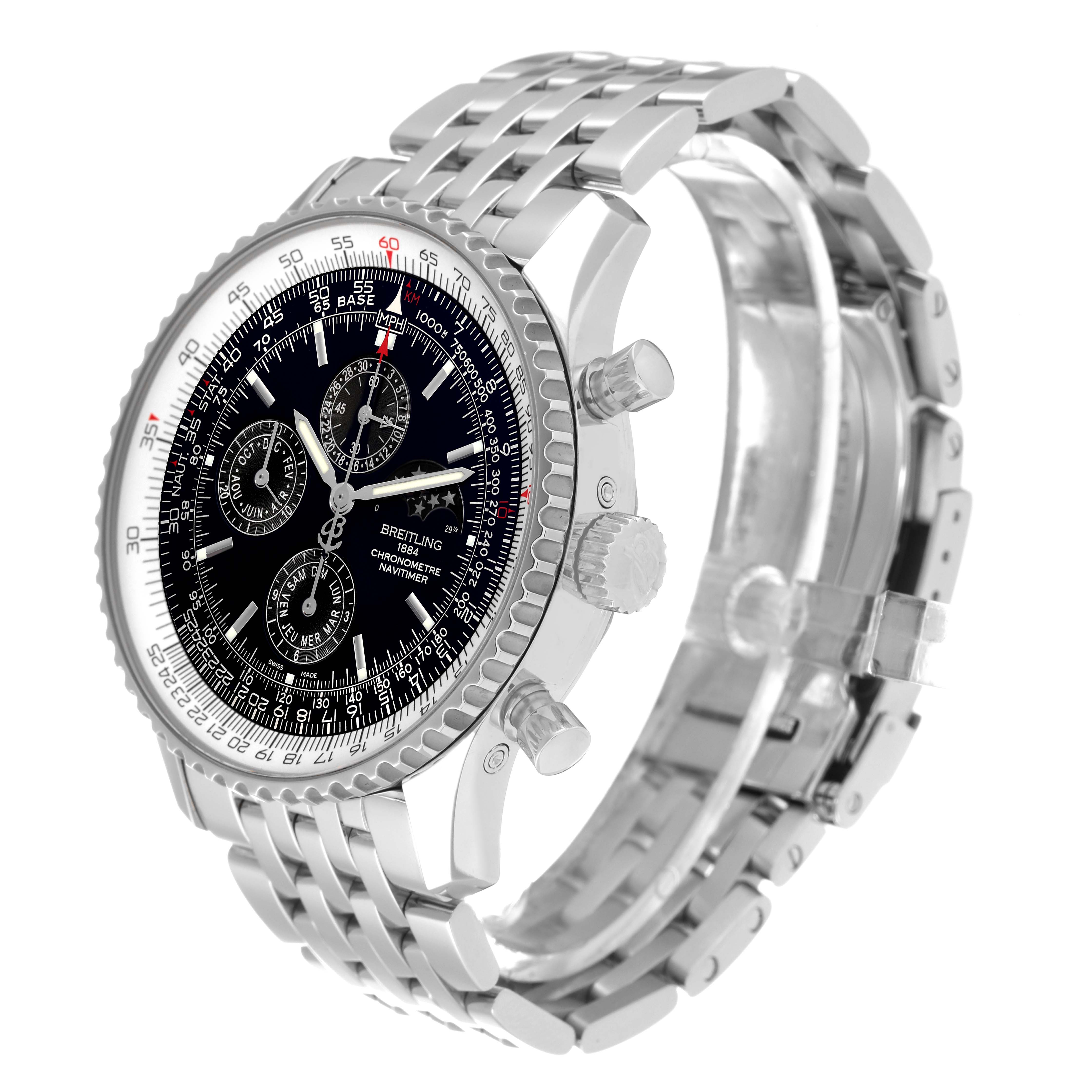 This Breitling Limited Series Navitimer model is shown from a front angle, highlighting the bezel, dial, chronograph features, and metal bracelet.