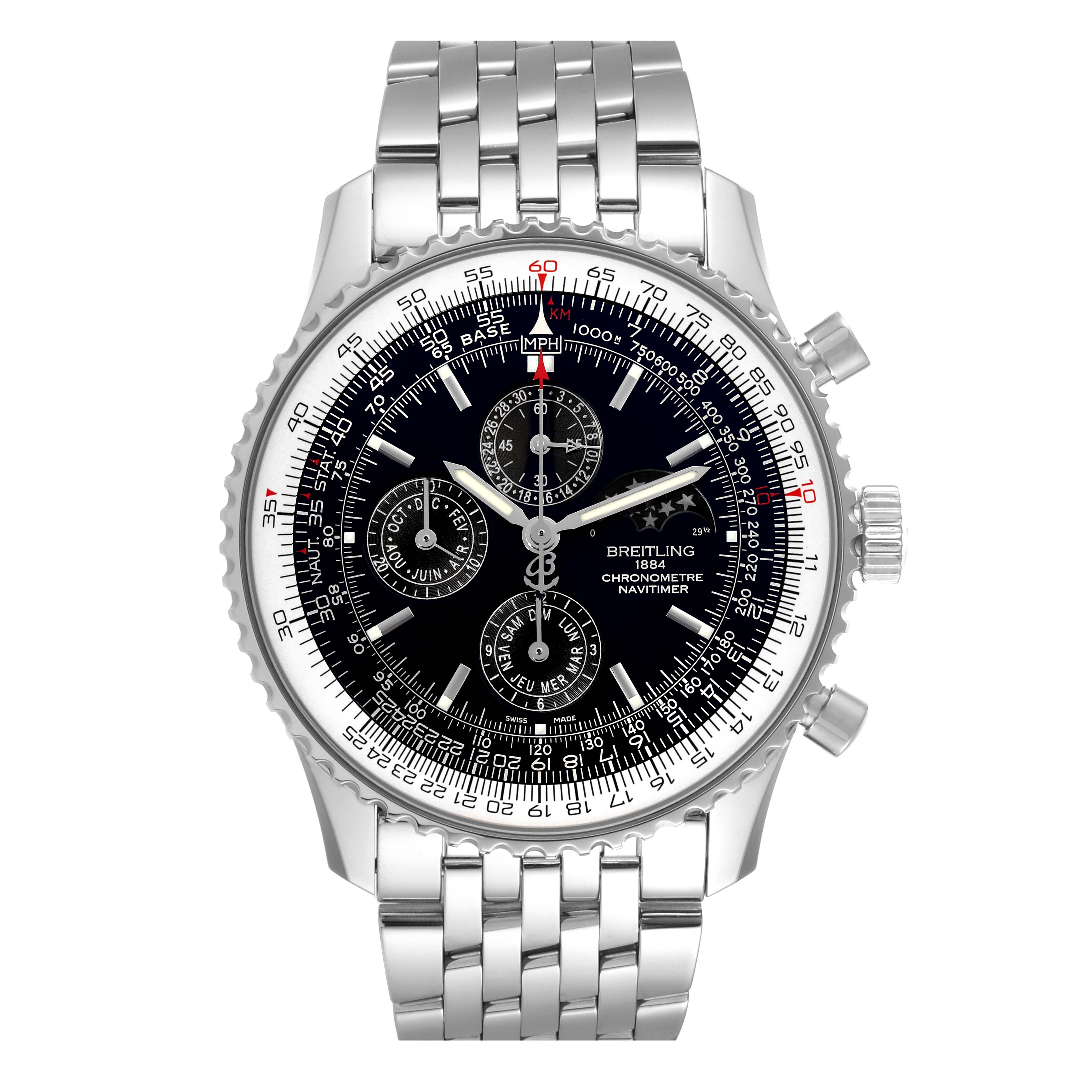 The image shows a front view of the Breitling Navitimer A19370 Men's Stainless Steel Black Dial A19370 Men's Stainless Steel Black Dial Limited Series model watch, featuring a stainless steel bracelet and black dial.