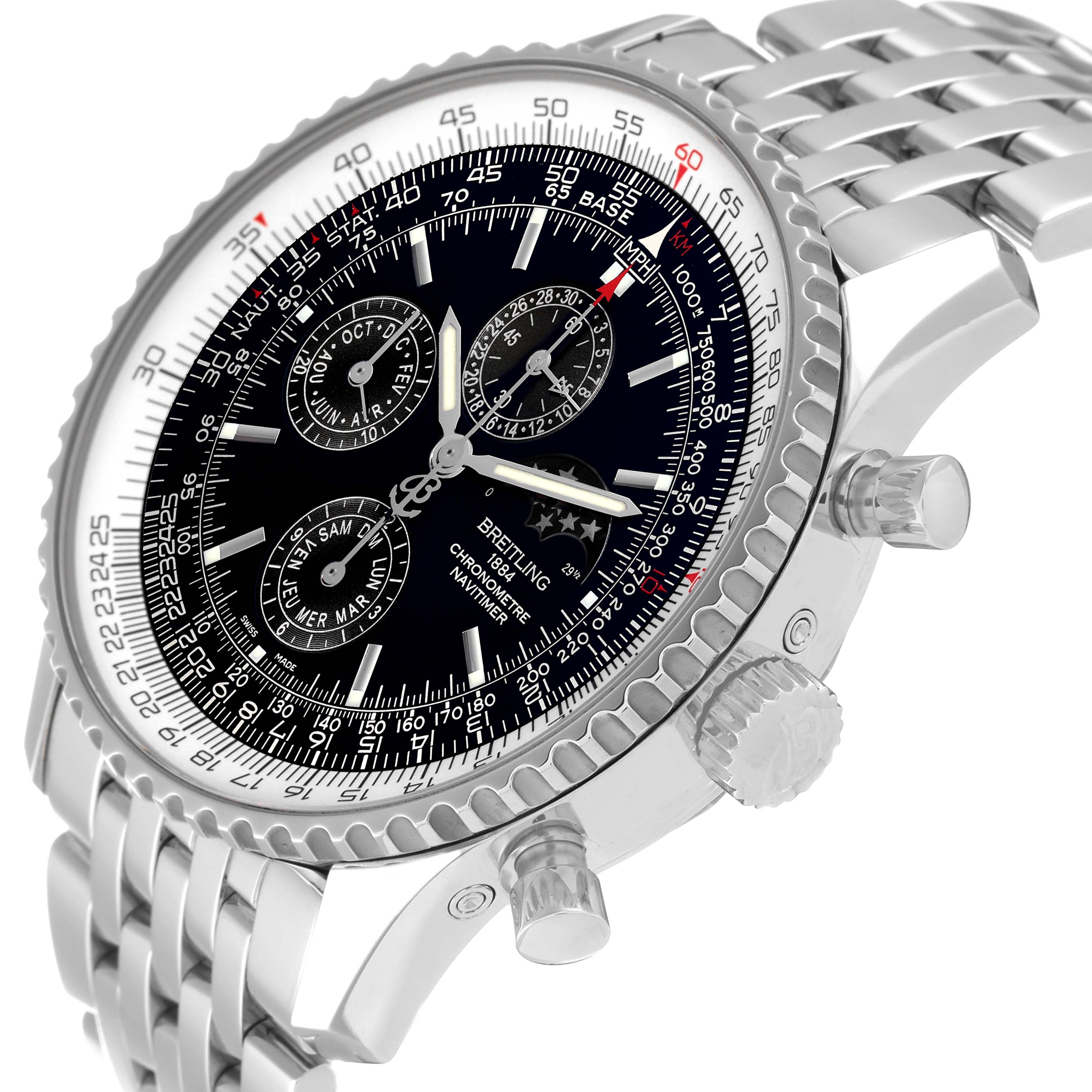 The Breitling Navitimer A19370 Men's Stainless Steel Black Dial A19370 Men's Stainless Steel Black Dial Limited Series watch is shown at an angle, displaying the dial, bezel, crown, pushers, and metal bracelet.