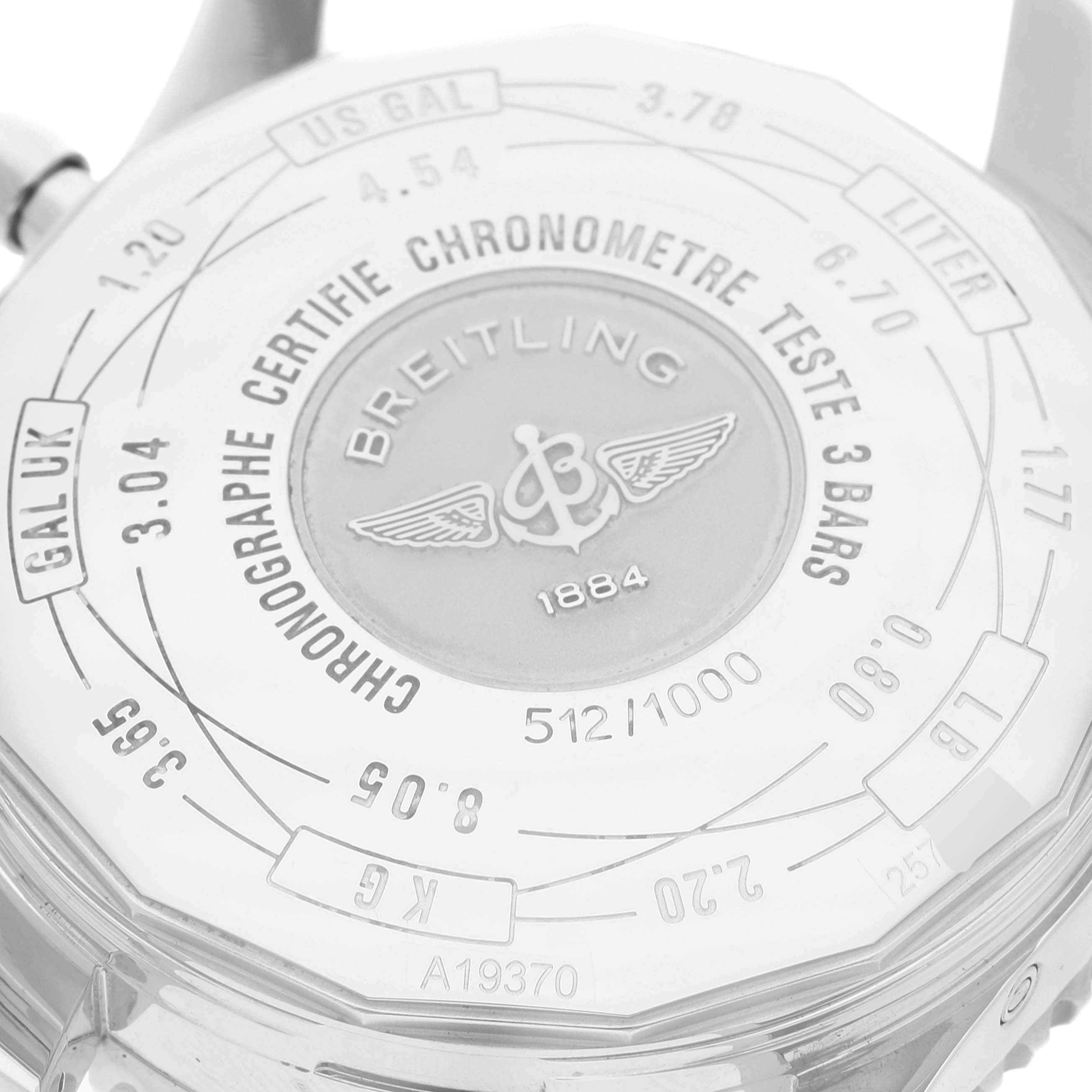 This image shows the back case of the Breitling Limited Series model, detailing its certifications and limited edition number.