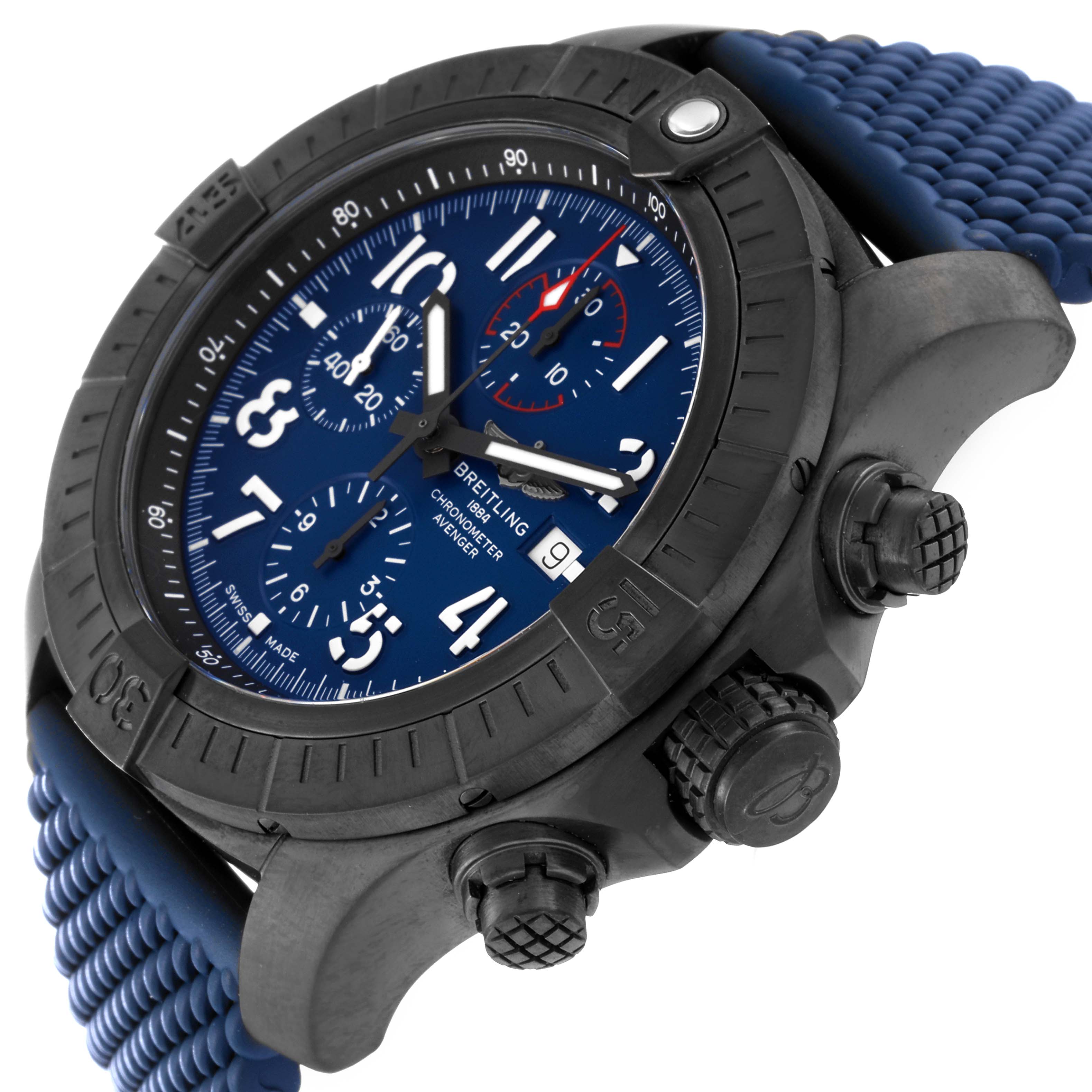 The image shows a Breitling Avenger V13375 Mens Titanium Blue Dial watch angled from the side, displaying its bezel, dial, subdials, pushers, and blue strap.