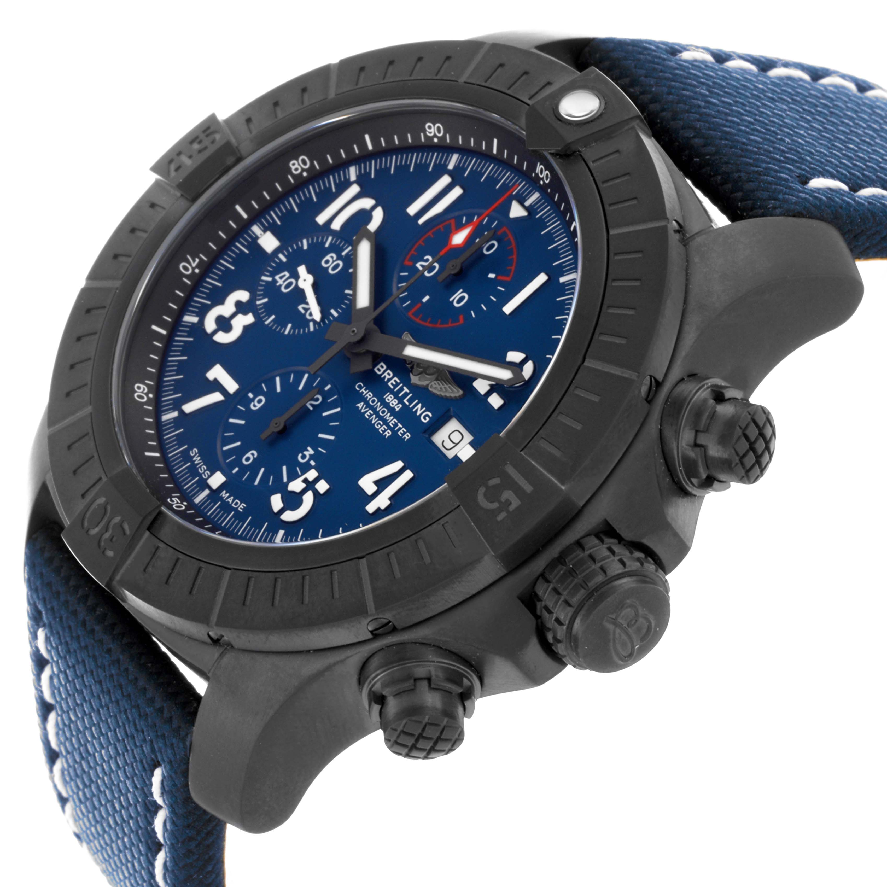 The Breitling Avenger V13375 Men's Titanium Blue Dial watch is shown from a side angle, highlighting the blue dial, bezel, and crown with pushers, along with a blue strap.
