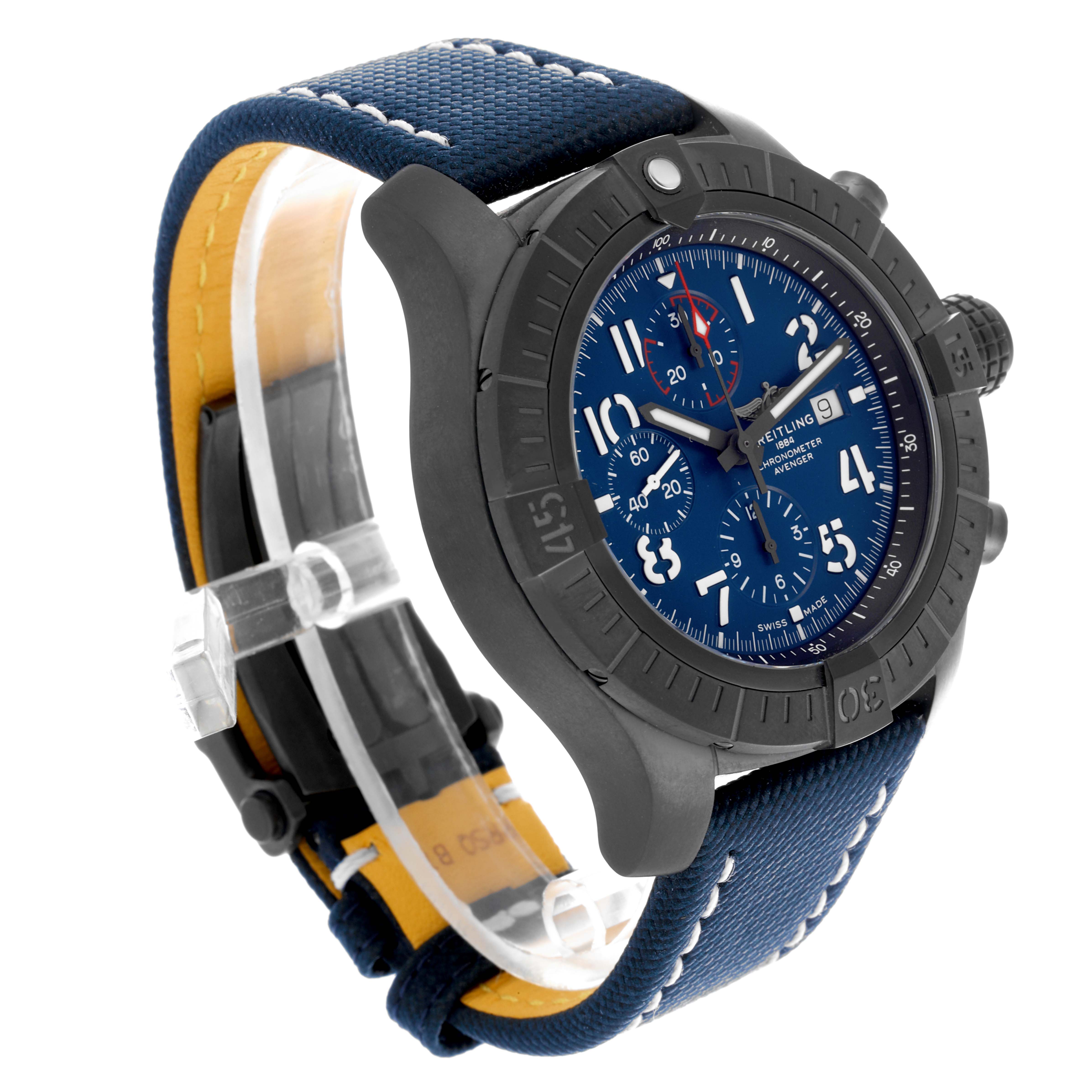 The Breitling Avenger V13375 Men's Titanium Blue Dial watch is shown at a three-quarter angle, displaying the blue dial, bezel, and textured strap.
