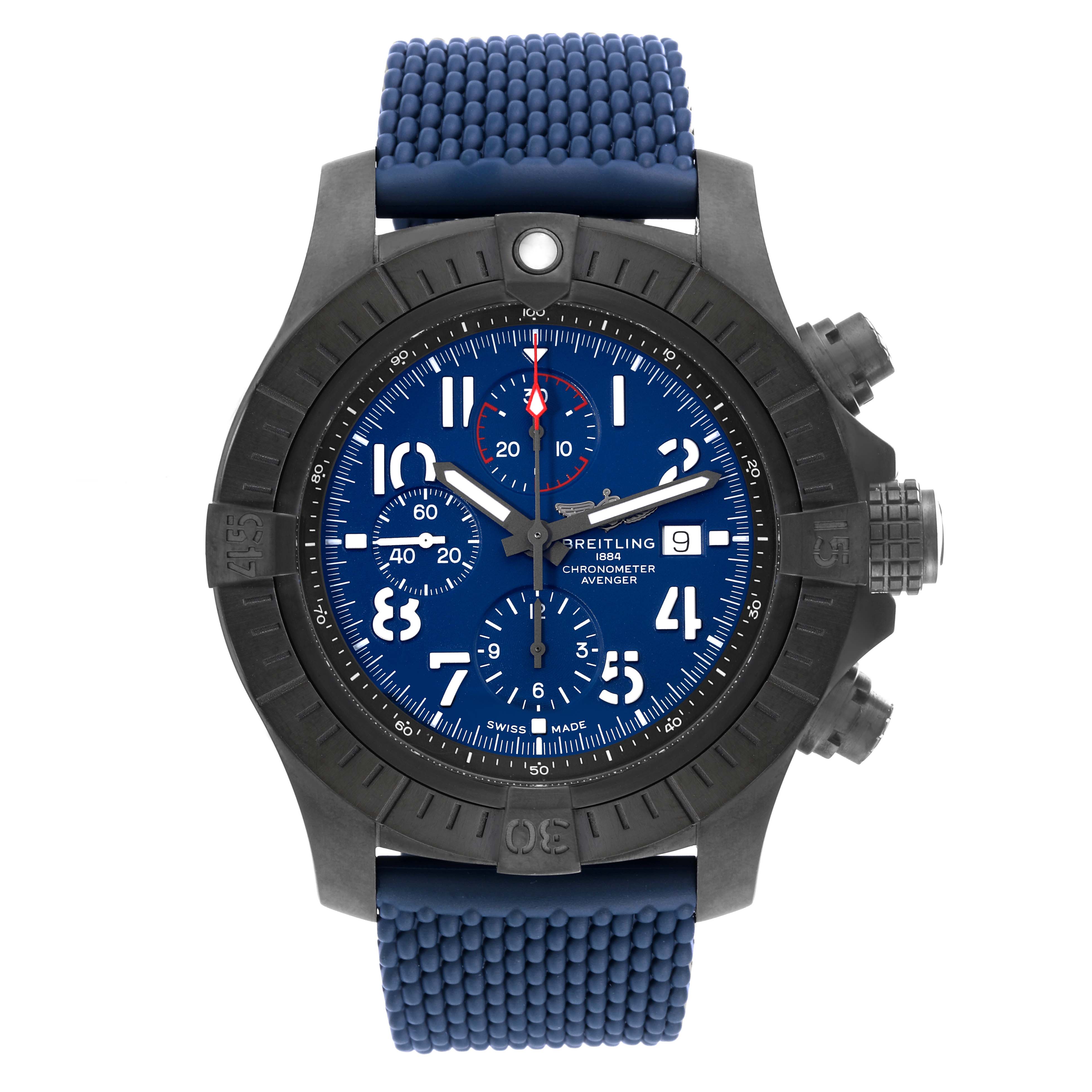 The Breitling Avenger V13375 Mens Titanium Blue Dial watch is shown from the front, highlighting the bezel, dial, and blue strap.