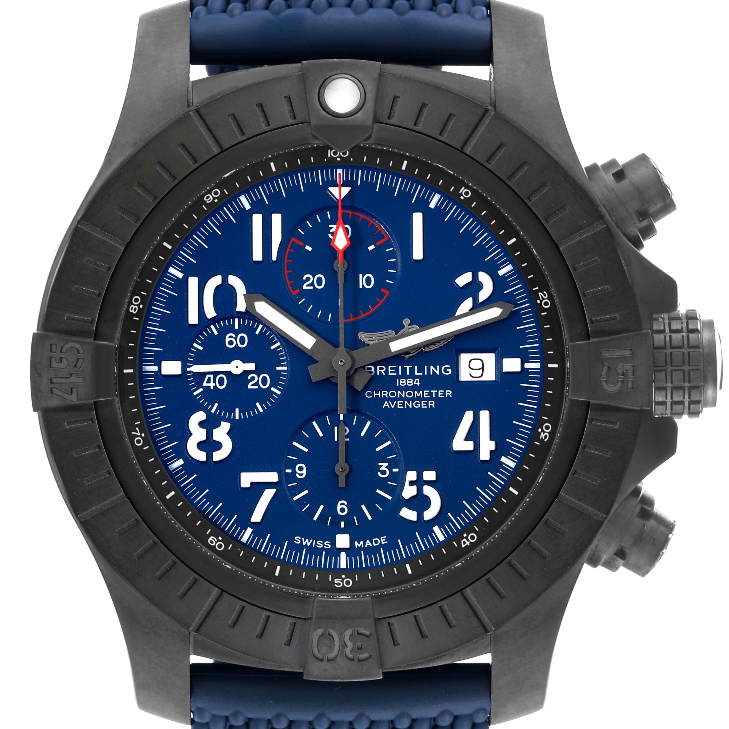 The Breitling Avenger V13375 Mens Titanium Blue Dial watch is shown from the front, displaying the main dial, subdials, bezel, and crown.