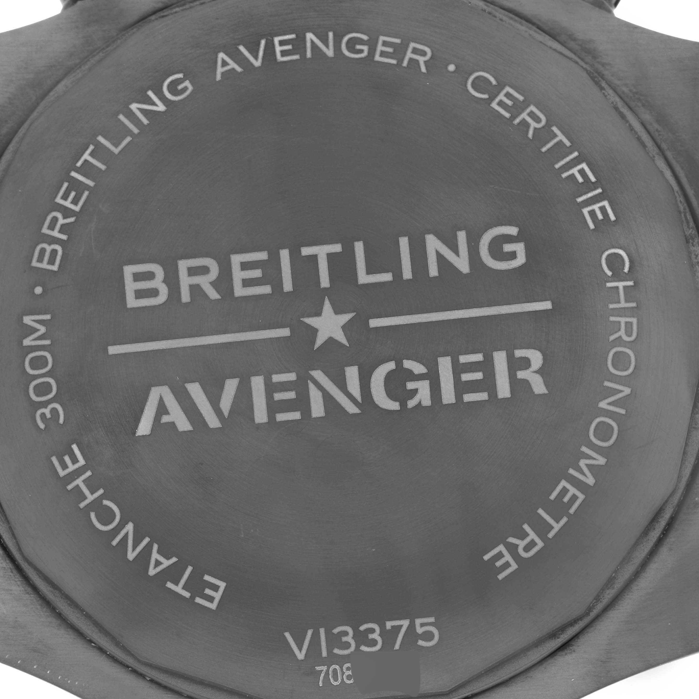 The image shows the back of a Breitling Avenger V13375 Mens Titanium Blue Dial watch displaying branding and specifications.