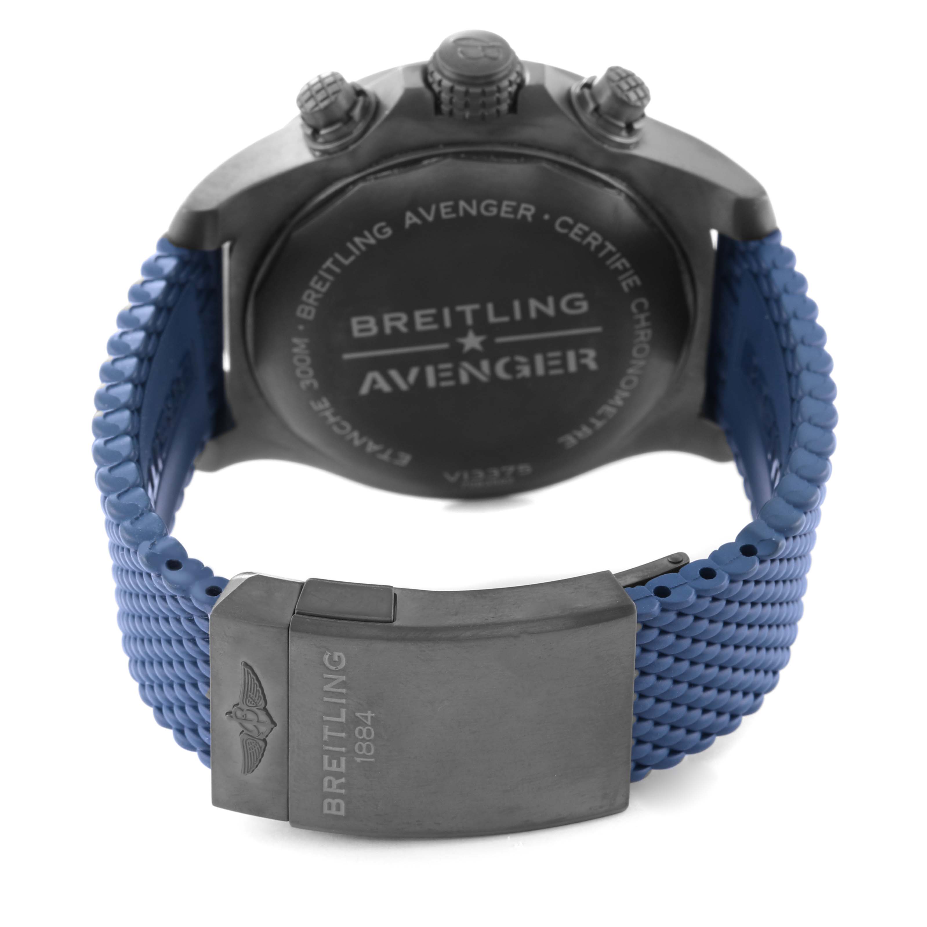 The image shows the back of a Breitling Avenger V13375 Mens Titanium Blue Dial watch, highlighting the case back, blue strap, and clasp.