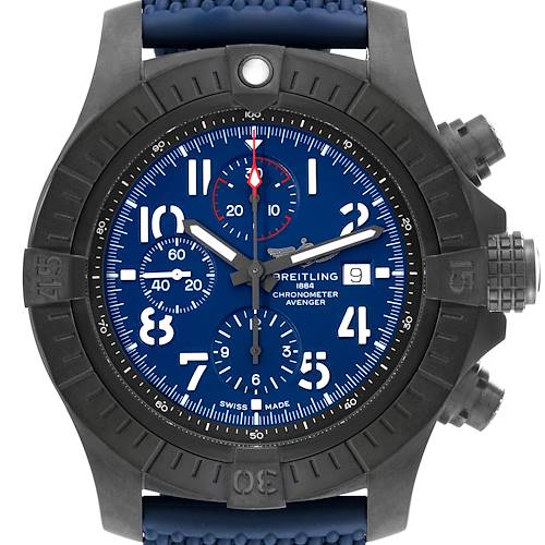 The Breitling Avenger V13375 Men's Titanium Blue Dial watch face is shown from the front, highlighting its blue dial, chronograph, bezel, and pushers.