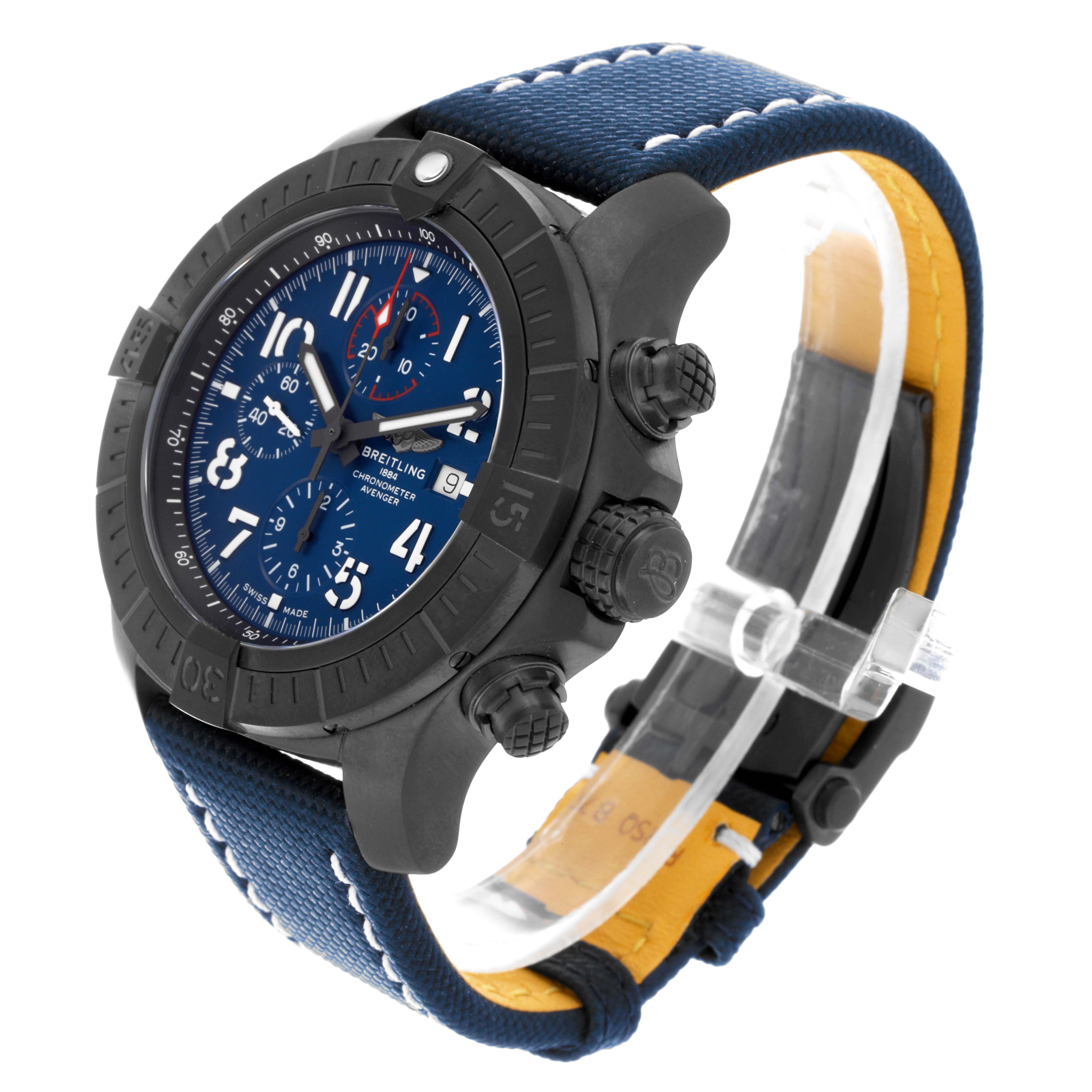 The Breitling Avenger V13375 Men's Titanium Blue Dial watch is shown at a side angle, highlighting the face, bezel, strap, and crowns.
