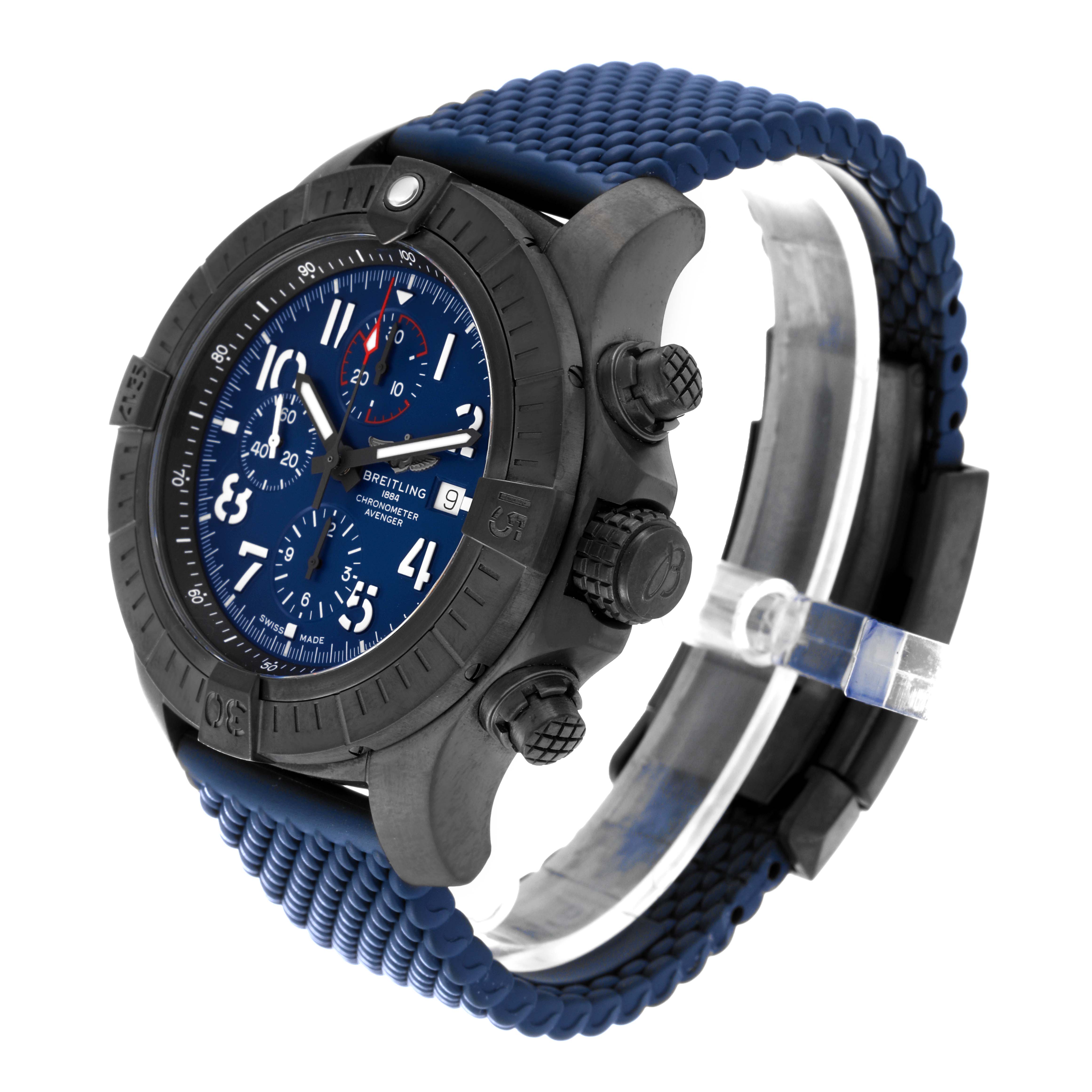 The Breitling Avenger V13375 Mens Titanium Blue Dial watch is shown at a three-quarter angle, highlighting the face, bezel, crown, and strap.