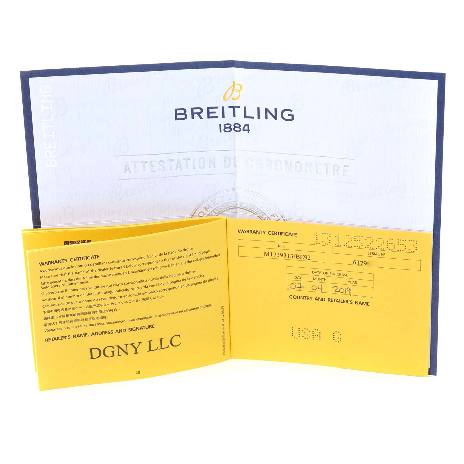 The image shows the warranty certificate and chronometer attestation for the Breitling Superocean M17393 Men's Stainless Steel Black Dial M17393 Men's Stainless Steel Black Dial watch model.