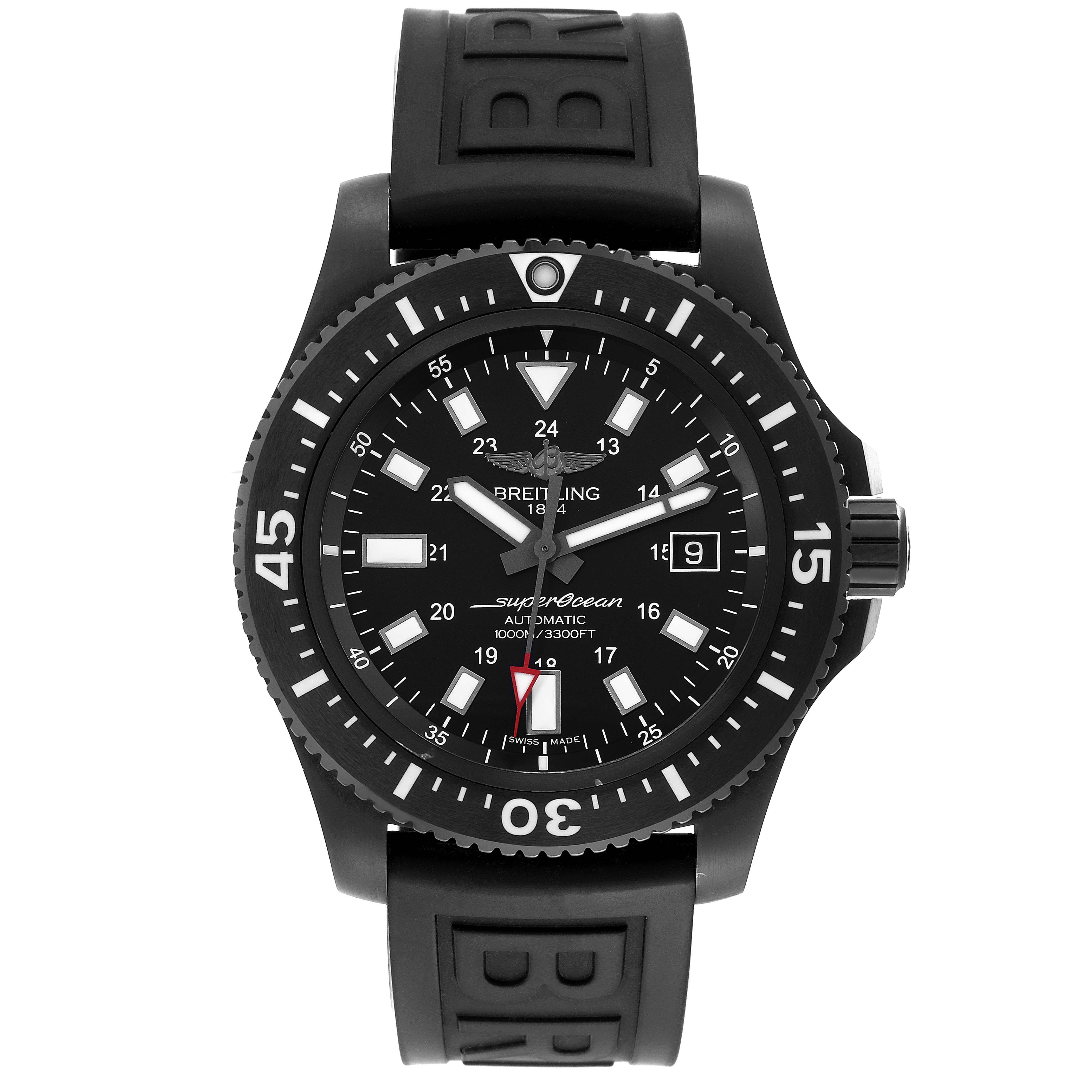 The image shows a front view of a Breitling Superocean M17393 Men's Stainless Steel Black Dial M17393 Men's Stainless Steel Black Dial watch, highlighting its black dial, bezel, and rubber strap.
