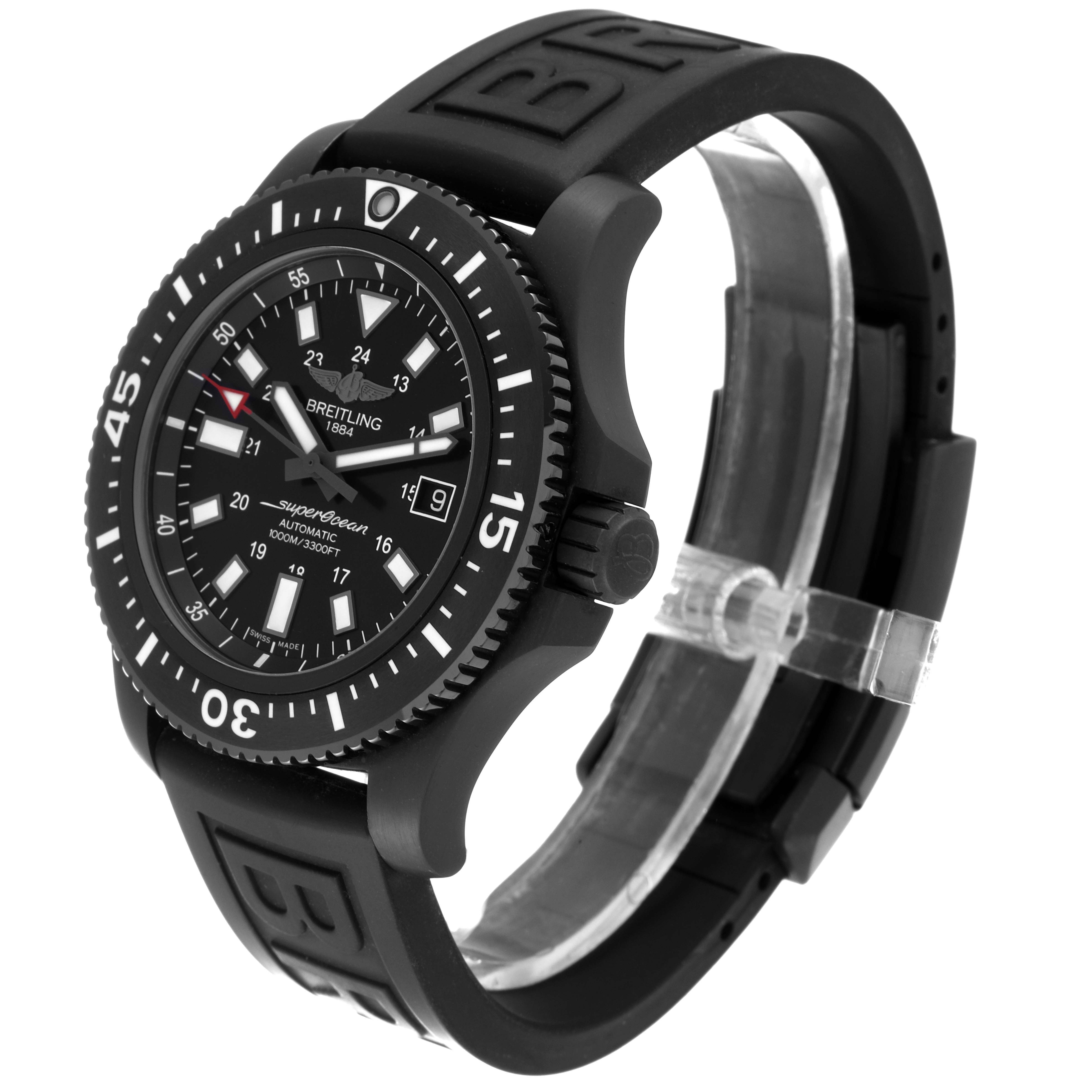 The image shows a Breitling Superocean M17393 Men's Stainless Steel Black Dial M17393 Men's Stainless Steel Black Dial watch at a three-quarter angle focusing on the face, bezel, and rubber strap.