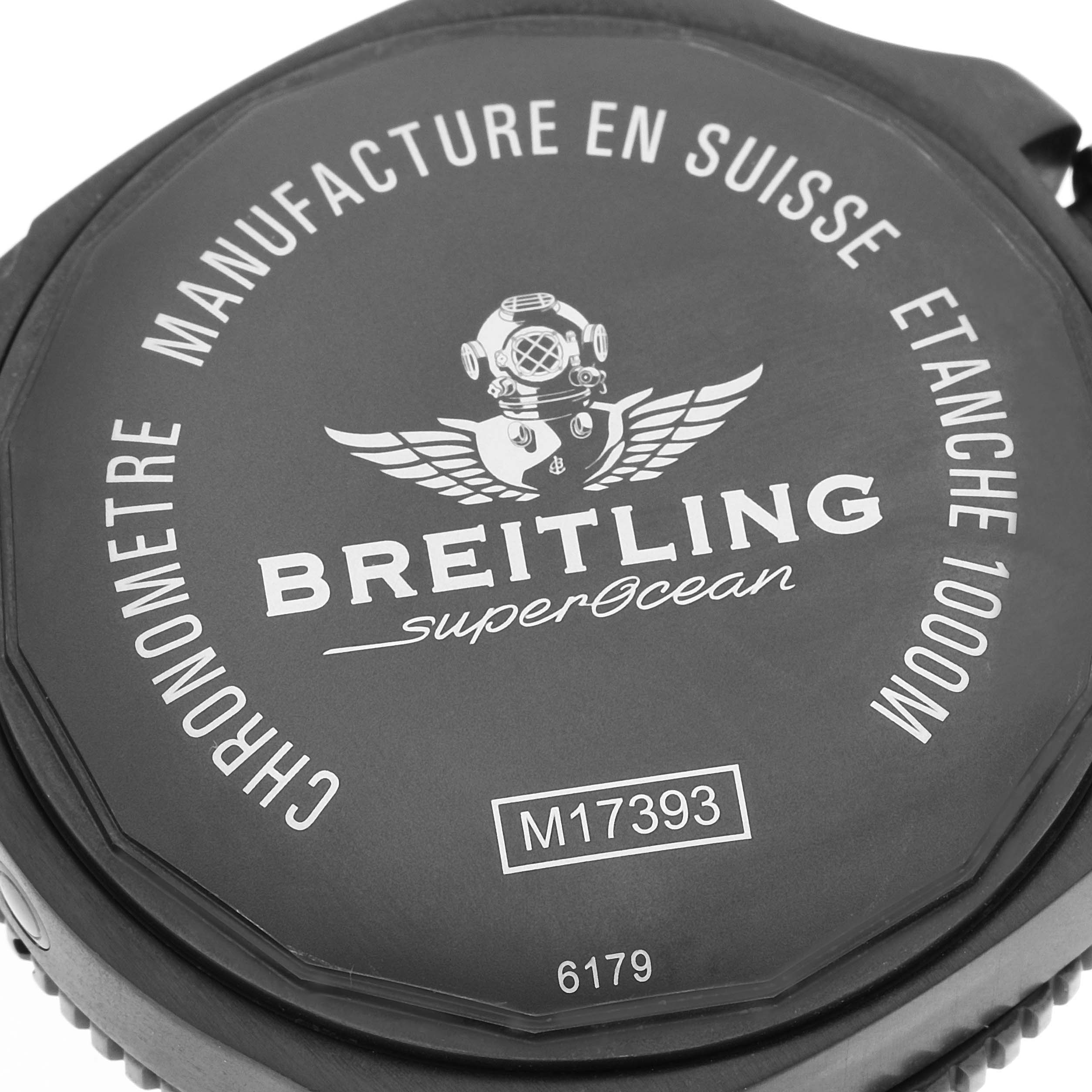 The image shows the case back of a Breitling Superocean M17393 Men's Stainless Steel Black Dial M17393 Men's Stainless Steel Black Dial model watch, highlighting its engravings and details.