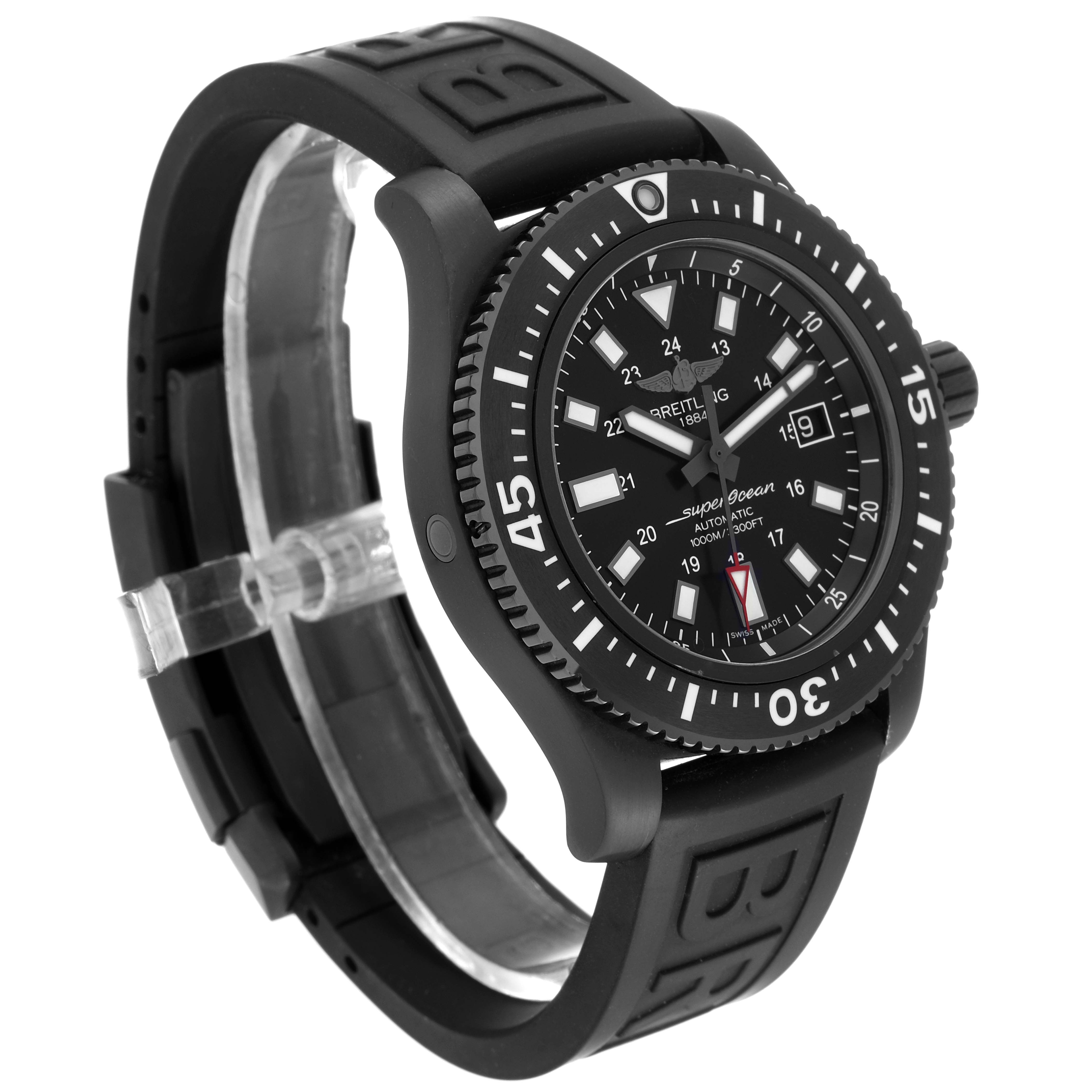 The Breitling Superocean M17393 Men's Stainless Steel Black Dial M17393 Men's Stainless Steel Black Dial watch is shown at a three-quarter angle, featuring the face, bezel, crown, and rubber strap.