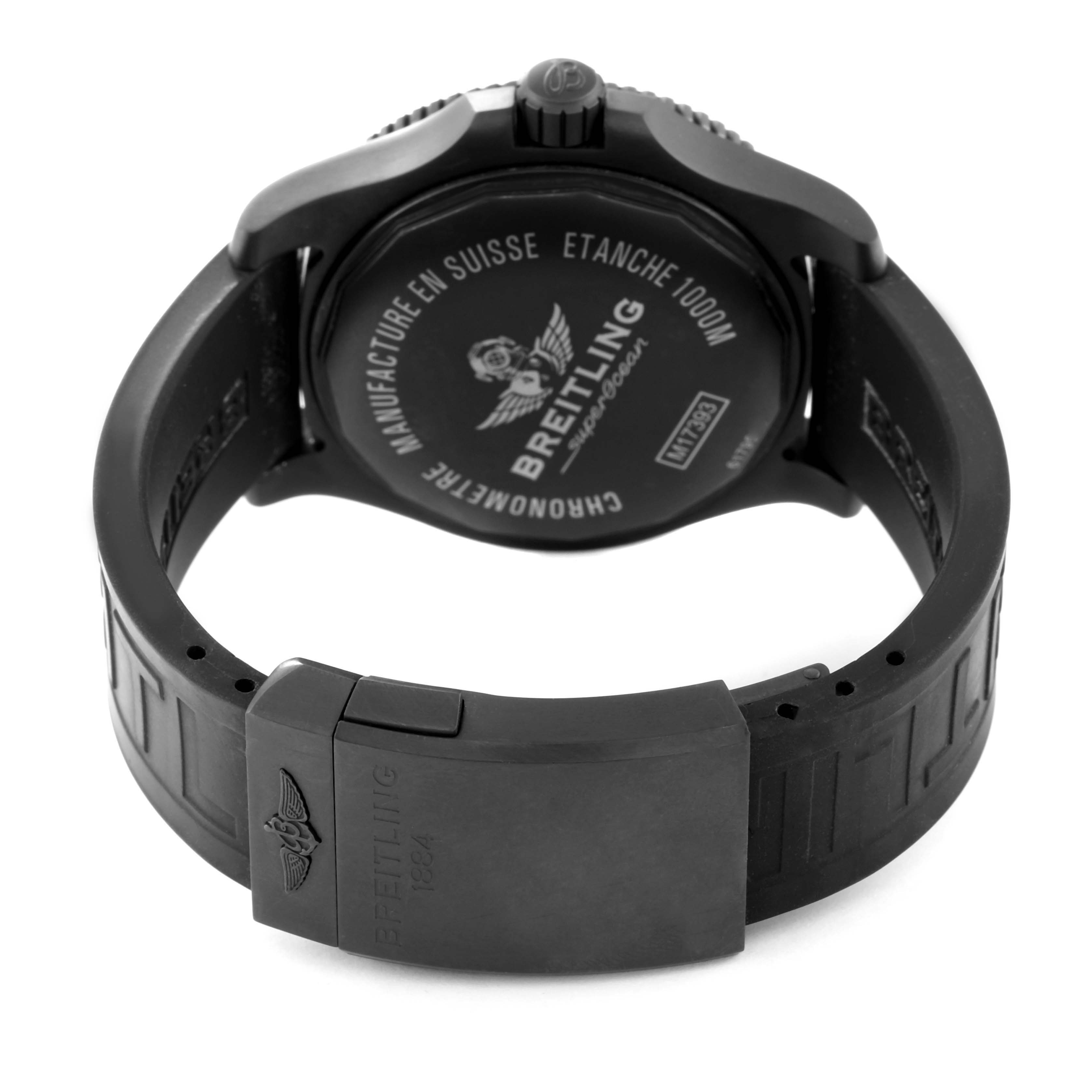 The image shows the back view of a Breitling Superocean M17393 Men's Stainless Steel Black Dial M17393 Men's Stainless Steel Black Dial watch, including the case back and the clasp of the rubber strap.