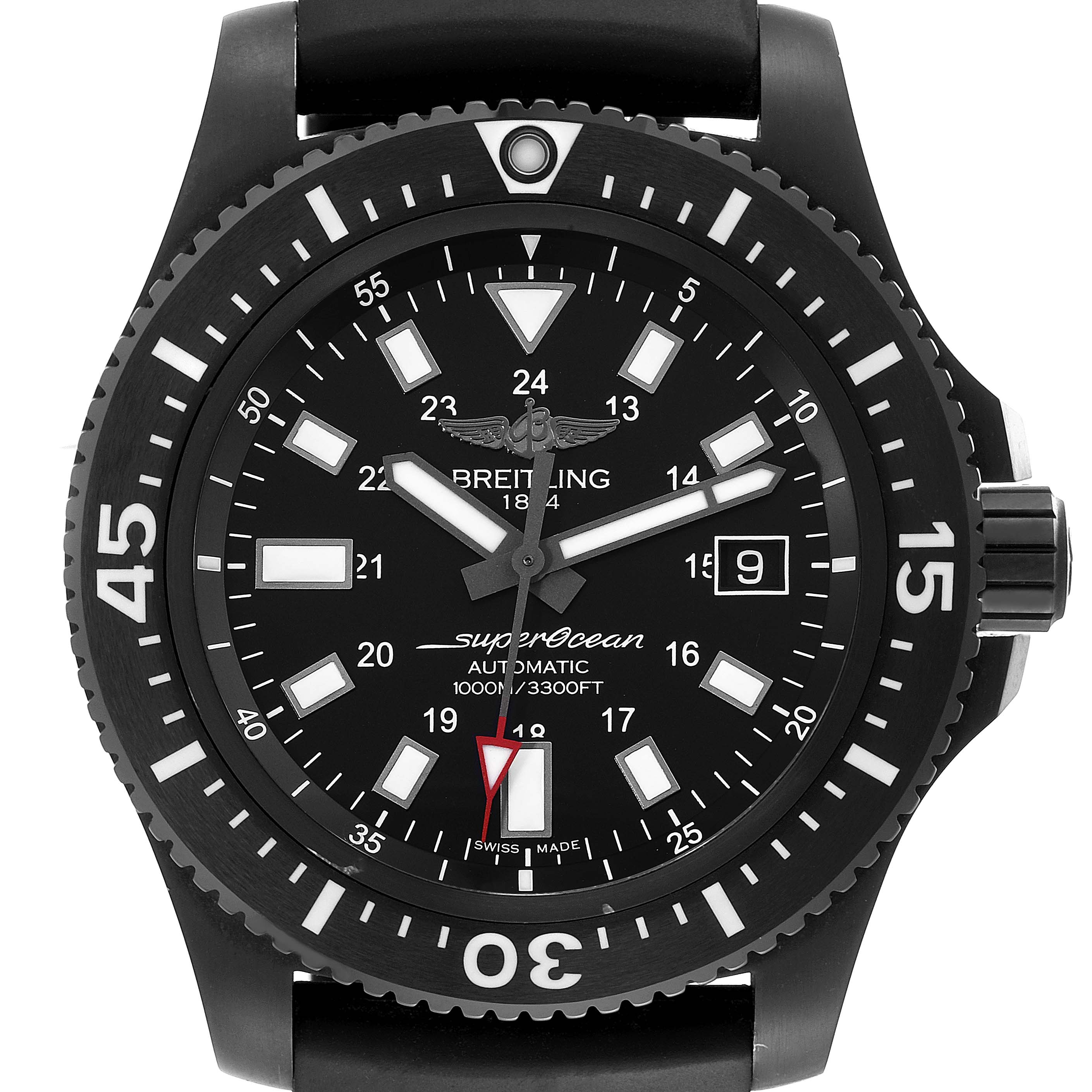 This is a front view of the Breitling Superocean M17393 Men's Stainless Steel Black Dial M17393 Men's Stainless Steel Black Dial watch, displaying its dial, bezel, and crown.