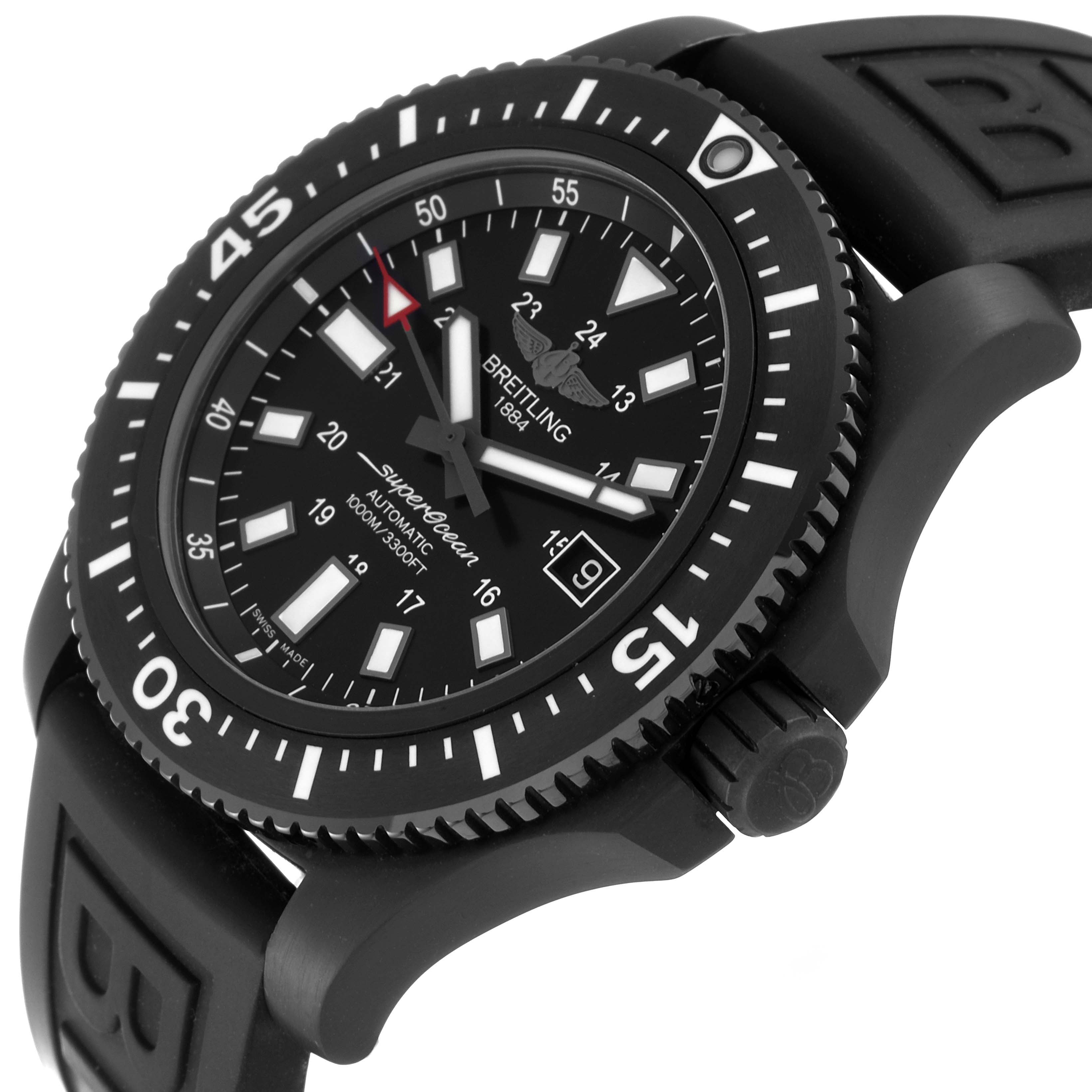The image shows a side angle of the Breitling Superocean M17393 Men's Stainless Steel Black Dial M17393 Men's Stainless Steel Black Dial model watch, highlighting the dial, bezel, crown, and part of the strap.