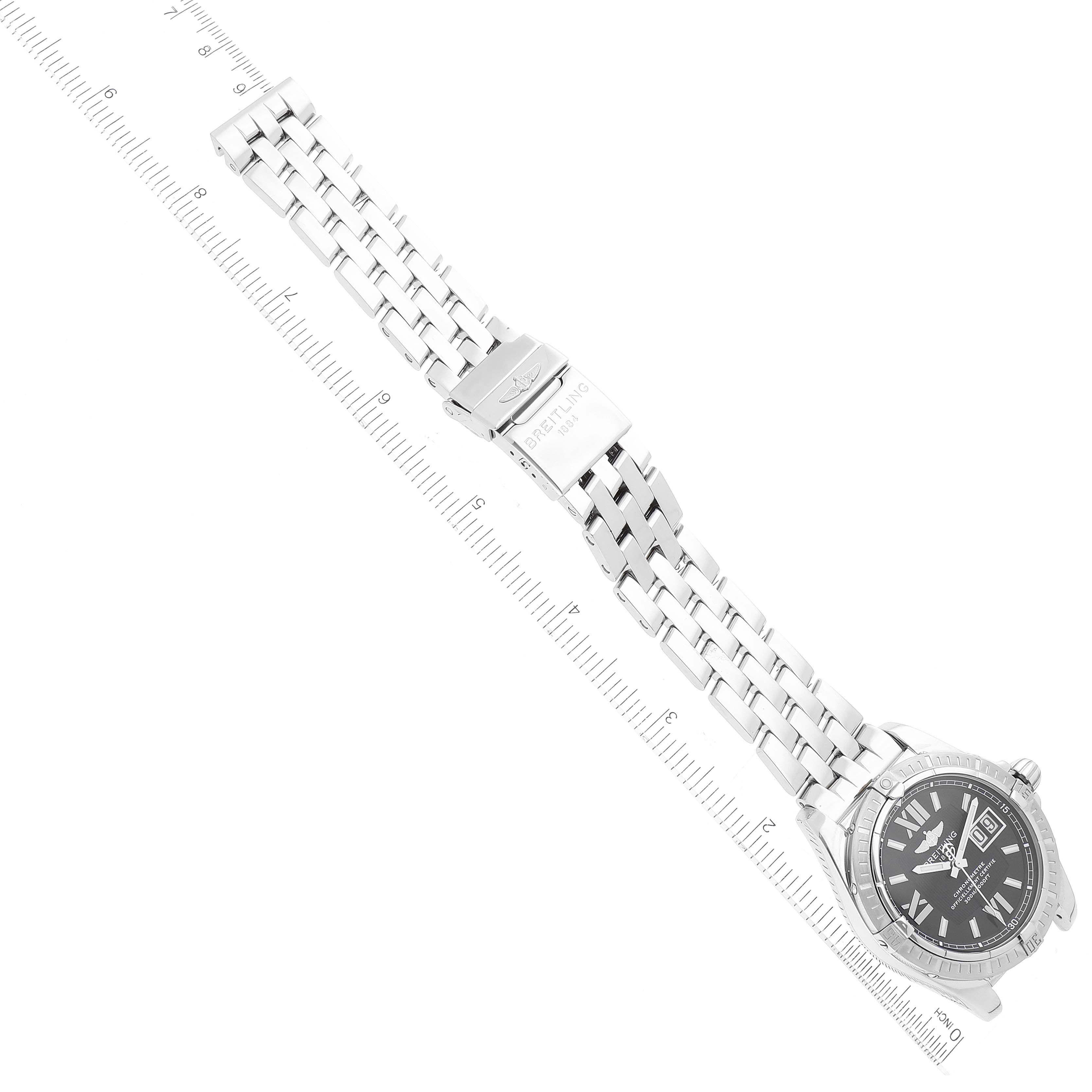 The image shows a Breitling Galactic A49350 Men's Stainless Steel Black Dial A49350 Men's Stainless Steel Black Dial watch, featuring the face, bracelet, and clasp angled towards the top-right.