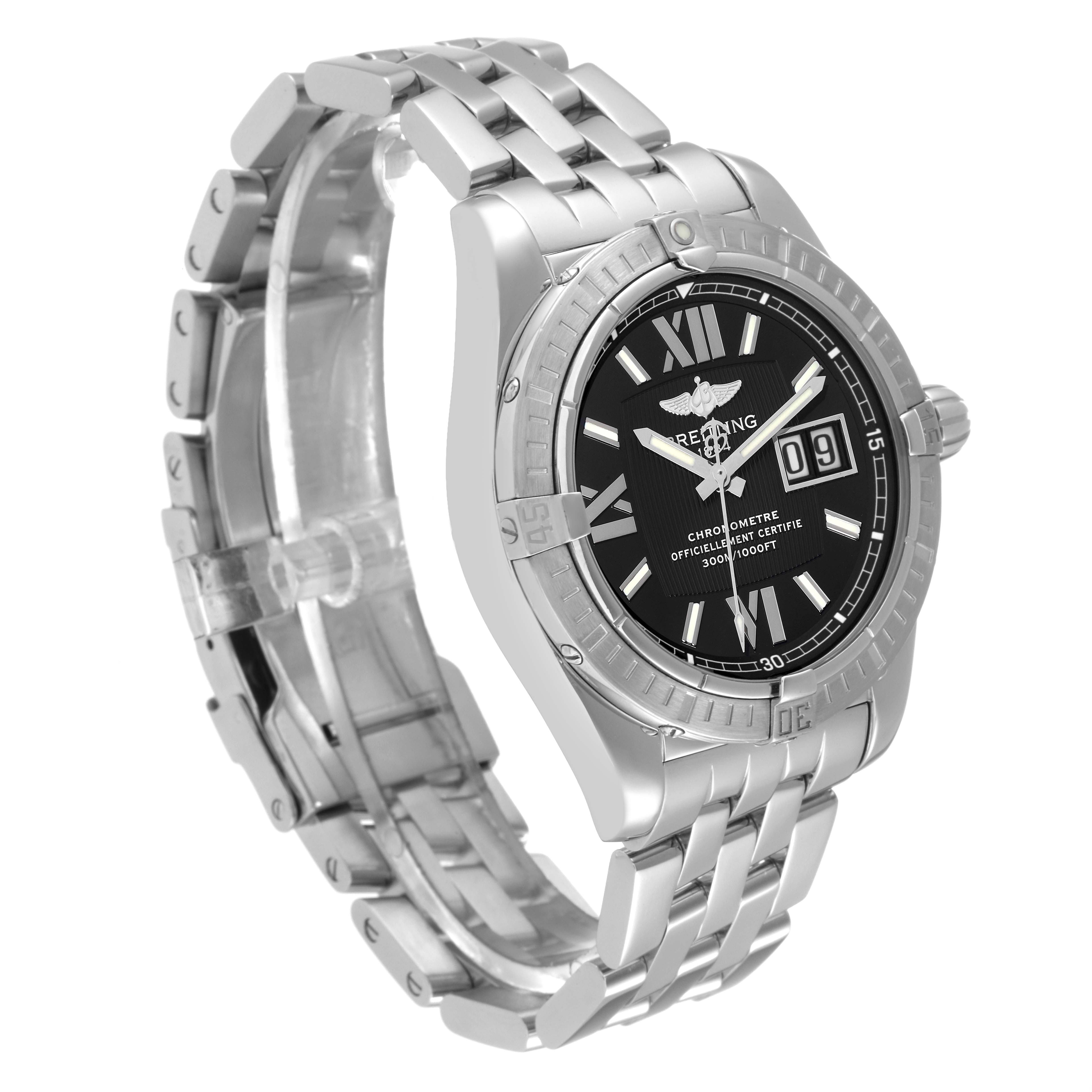 The Breitling Galactic A49350 Men's Stainless Steel Black Dial A49350 Men's Stainless Steel Black Dial watch is shown at a three-quarter angle, displaying the face, bracelet, and clasp.