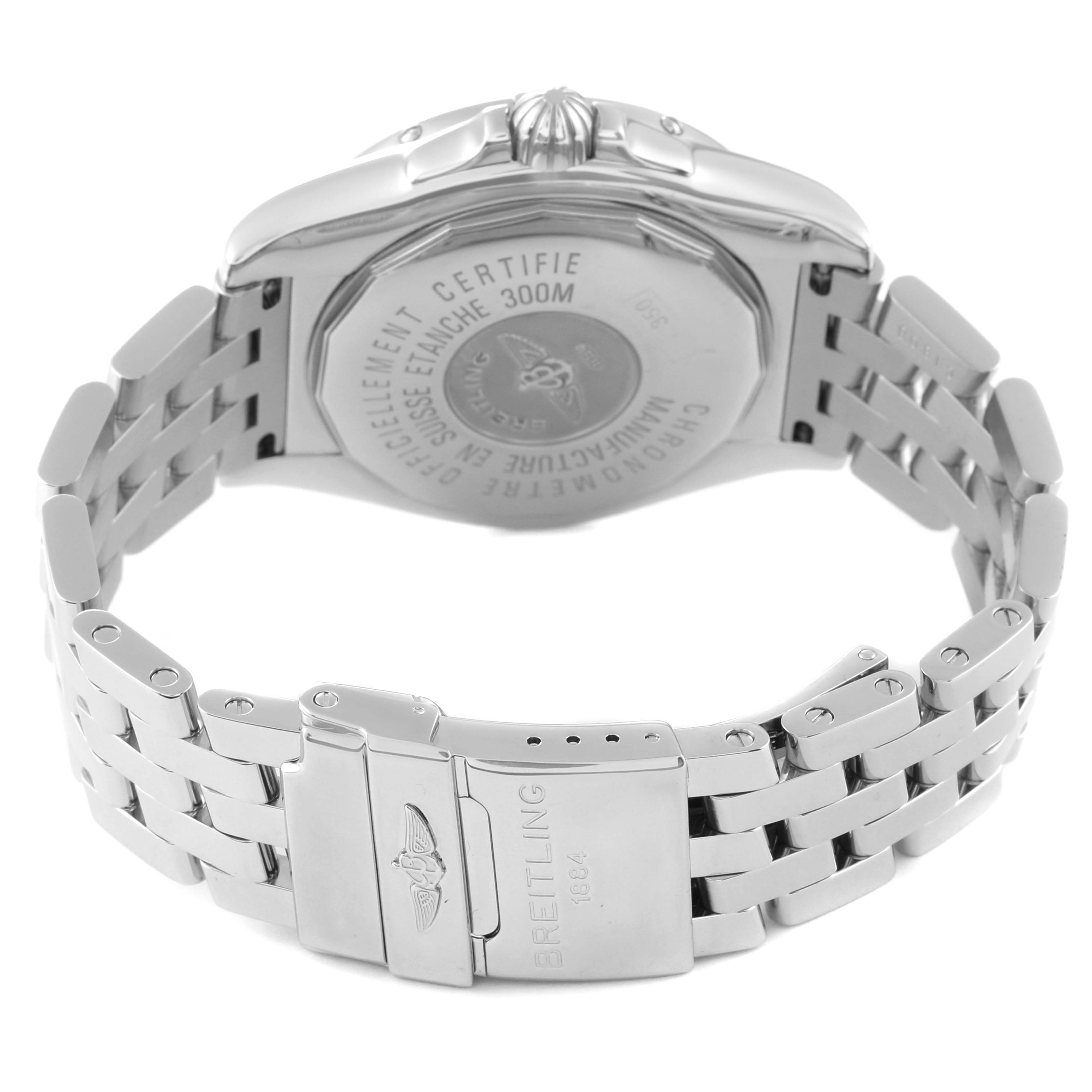 The image shows the back side of the Breitling Galactic A49350 Men's Stainless Steel Black Dial A49350 Men's Stainless Steel Black Dial watch, highlighting the stainless steel bracelet, clasp, and case back.