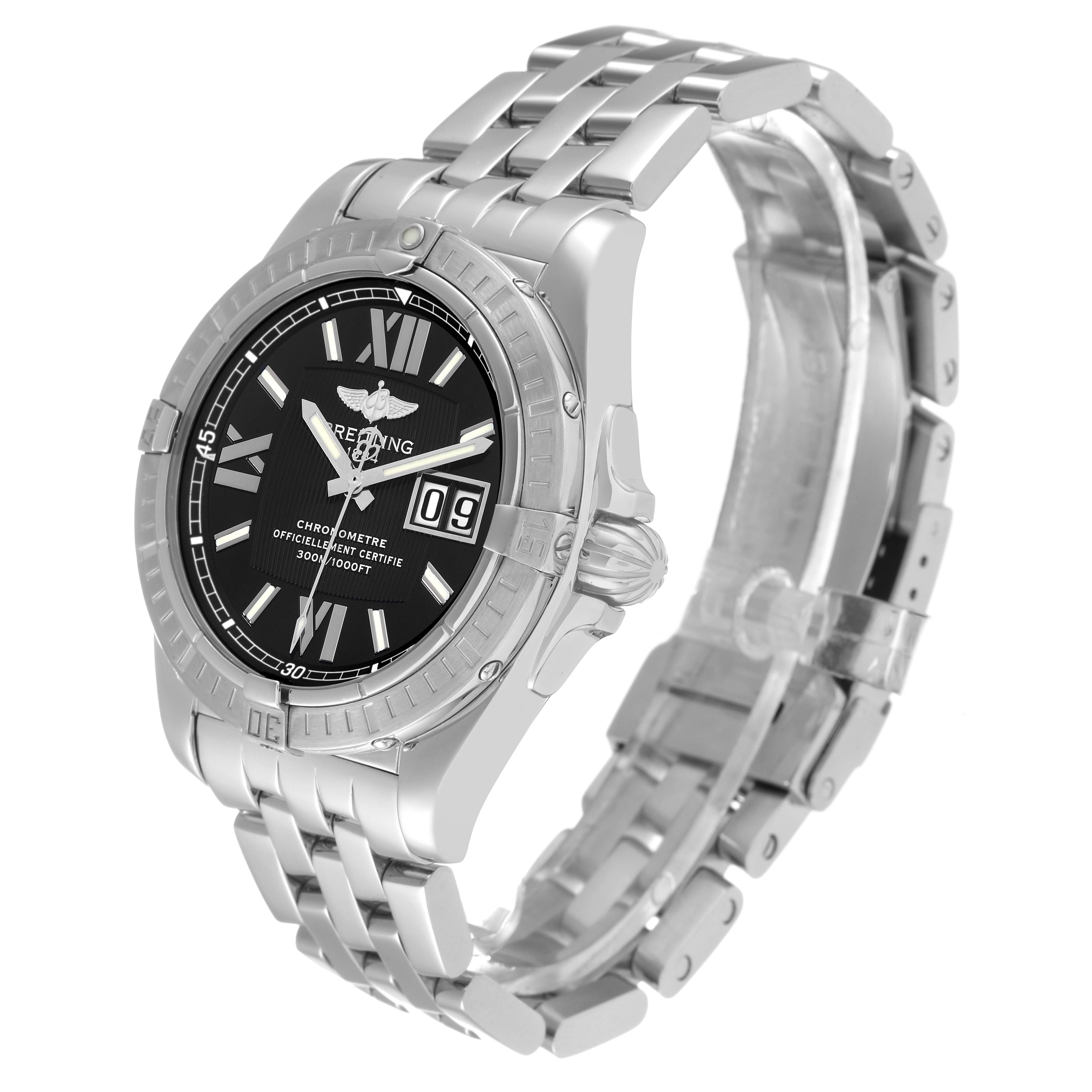 The image shows a stainless steel Breitling Galactic A49350 Men's Stainless Steel Black Dial A49350 Men's Stainless Steel Black Dial watch at an angled side view, displaying its black dial and metal bracelet.