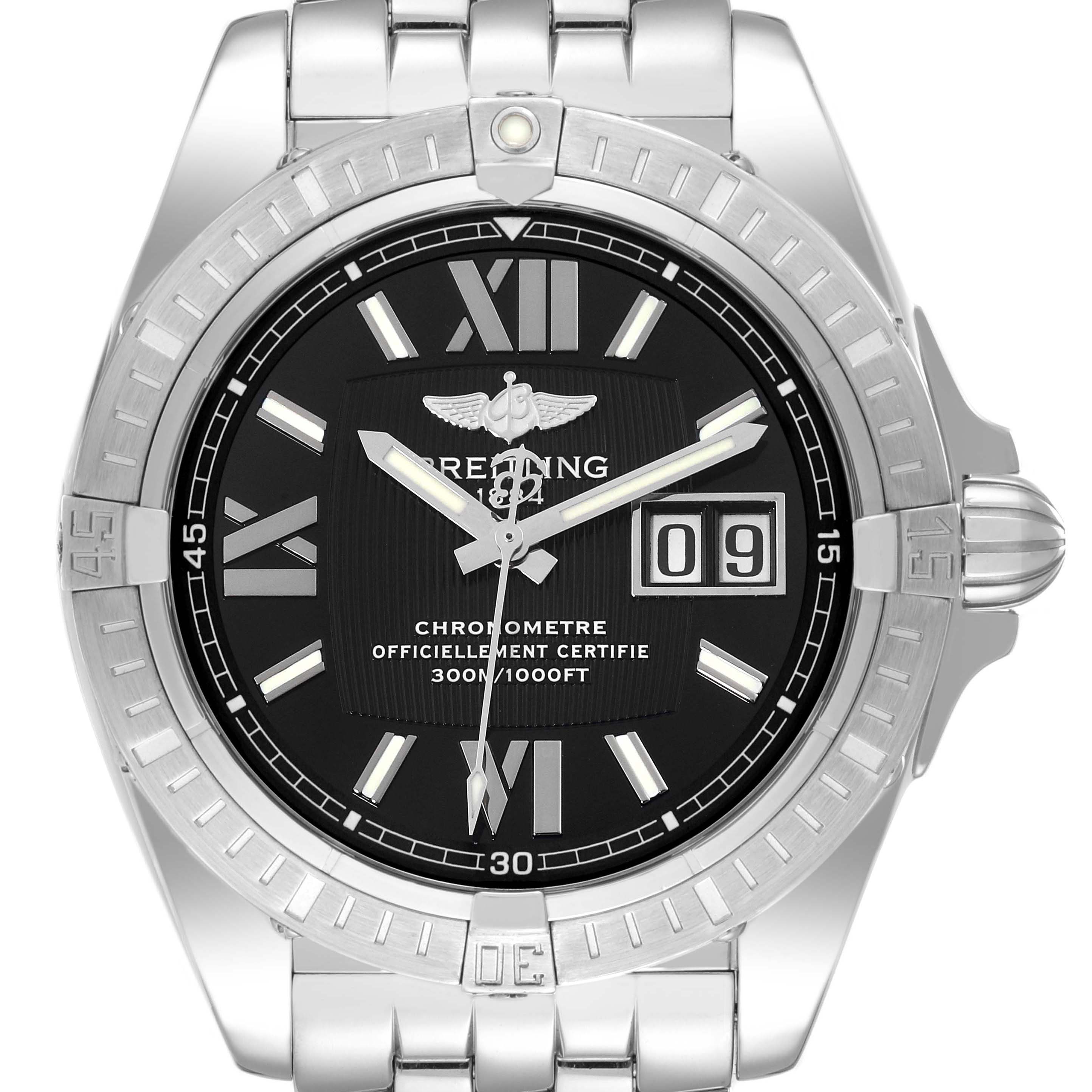 The image shows a front view of a Breitling Galactic A49350 Men's Stainless Steel Black Dial A49350 Men's Stainless Steel Black Dial watch, showcasing its face, bezel, and part of the bracelet.