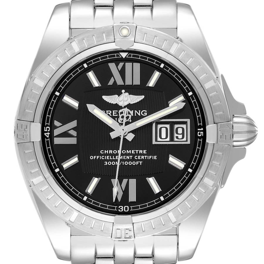 The image shows a front view of a Breitling Galactic watch, showcasing its face, bezel, and part of the bracelet.