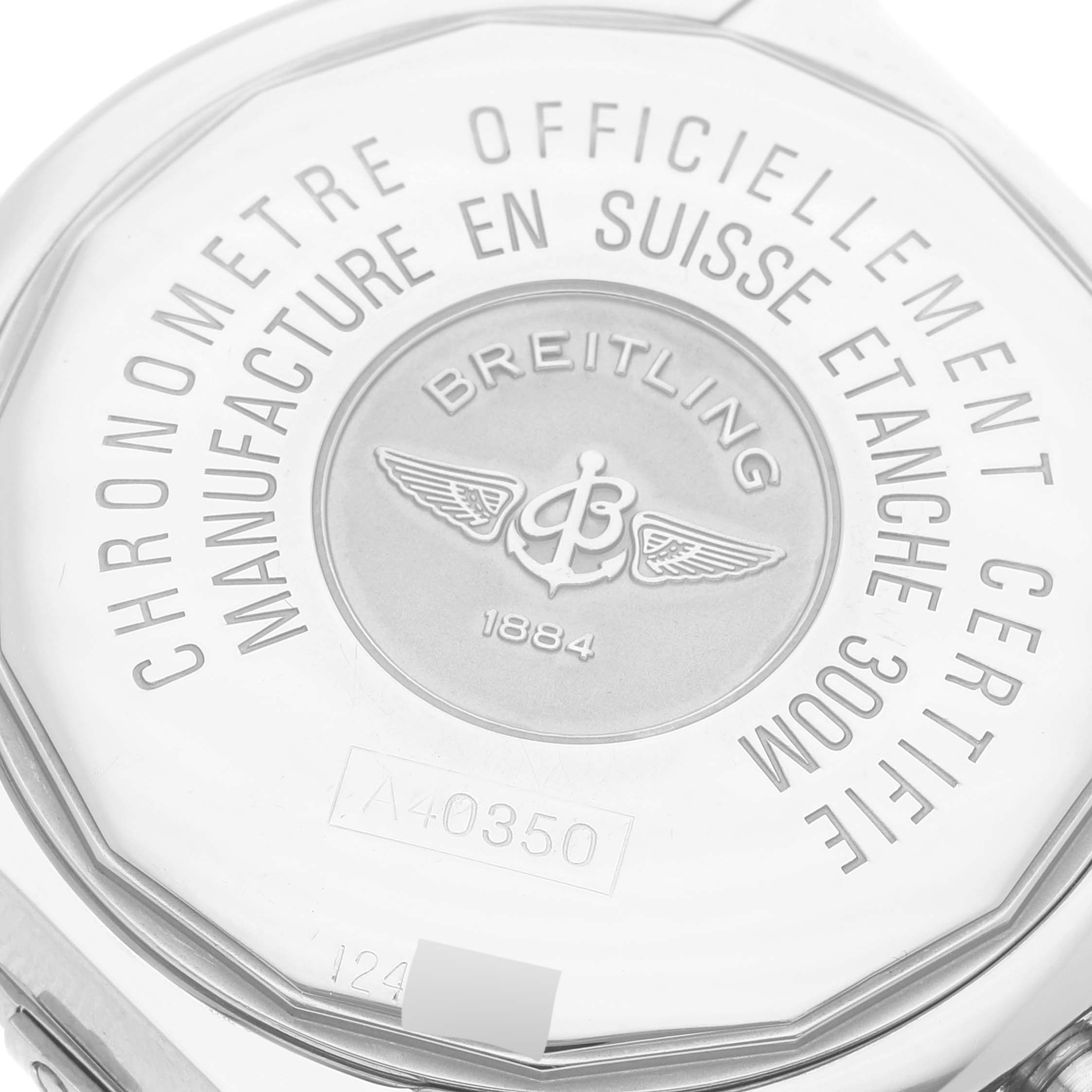 The image shows the back case of a Breitling Galactic A49350 Men's Stainless Steel Black Dial A49350 Men's Stainless Steel Black Dial model watch from a close-up angle.