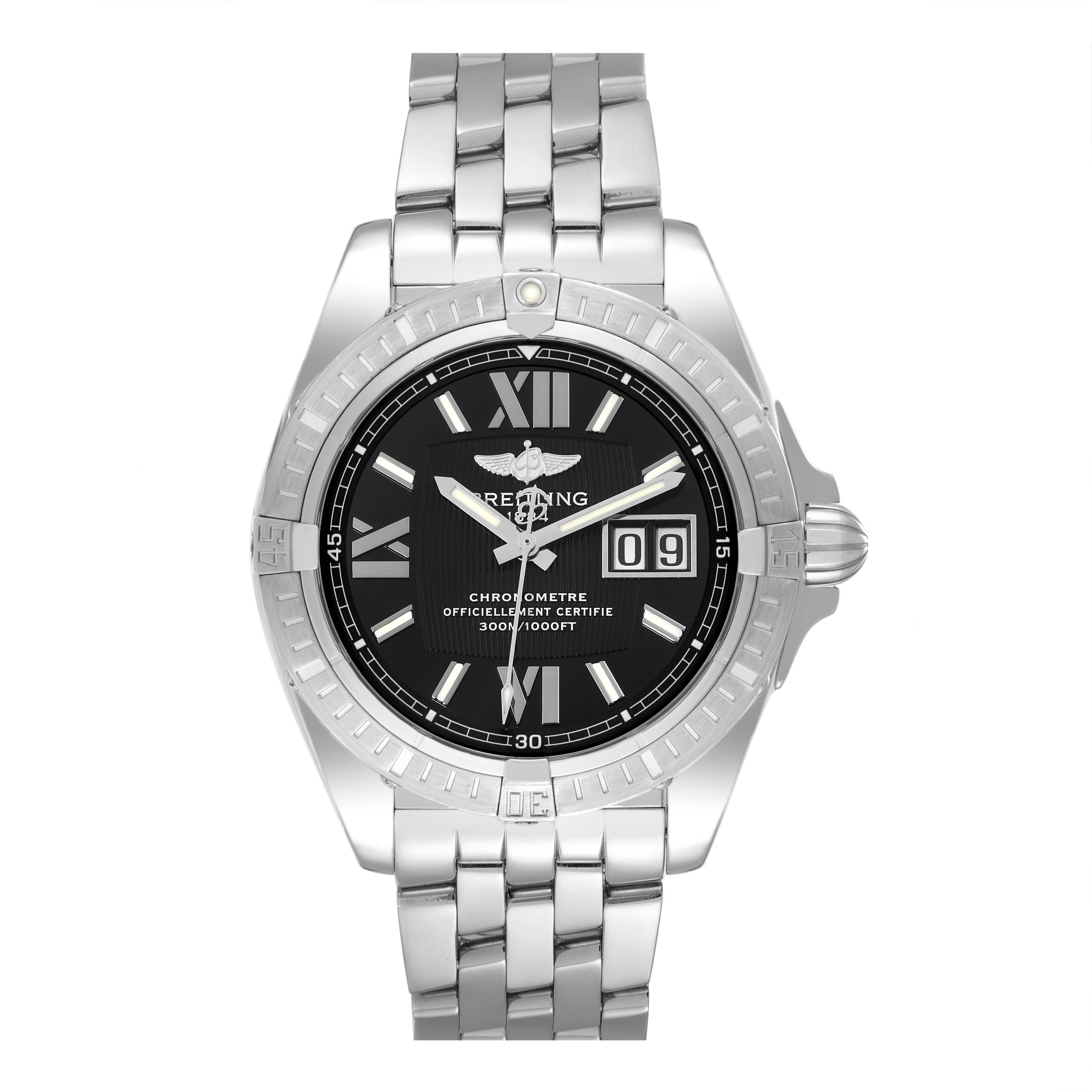 The image shows a front view of the Breitling Galactic A49350 Men's Stainless Steel Black Dial A49350 Men's Stainless Steel Black Dial watch, highlighting the face, bezel, and stainless steel bracelet.