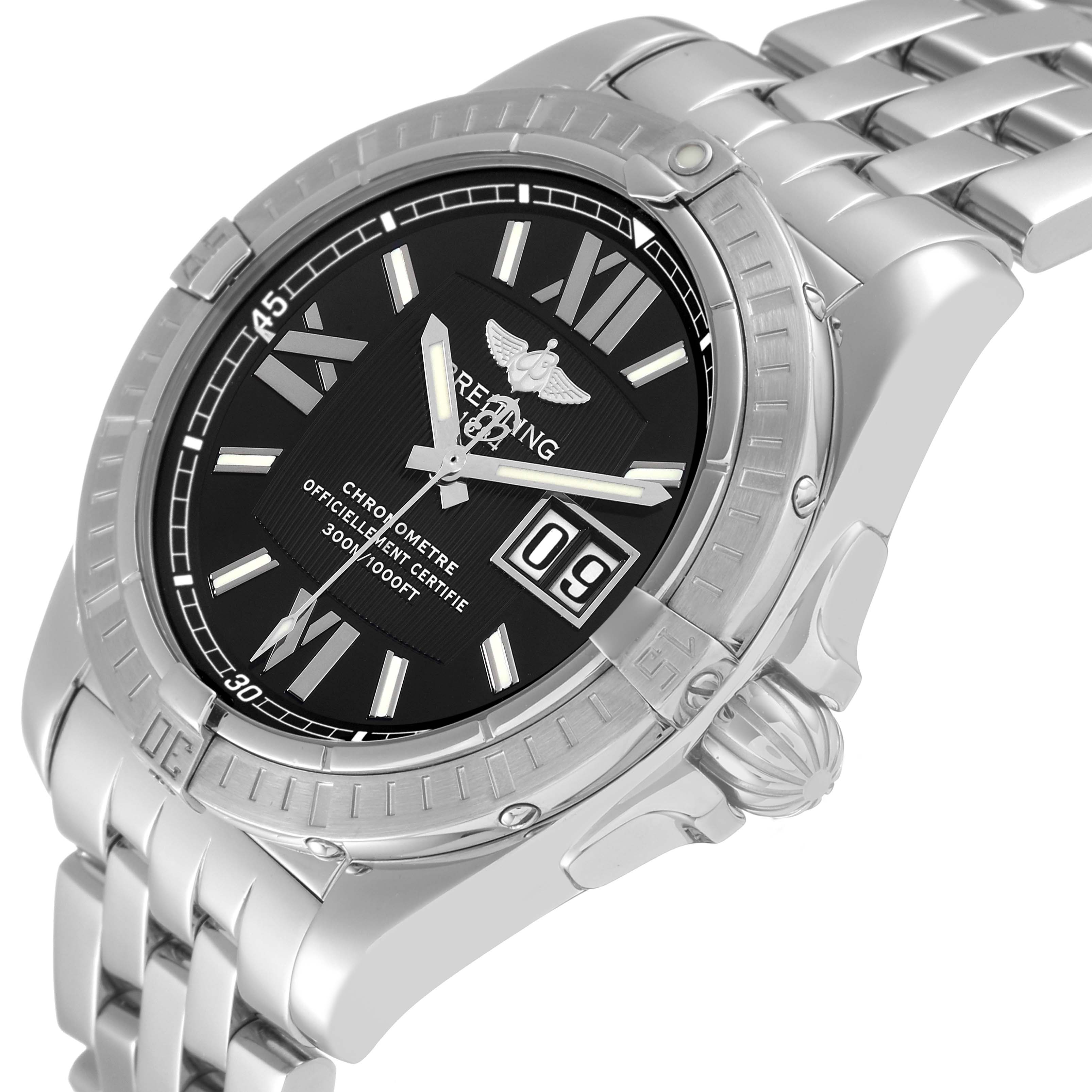 The image shows a Breitling Galactic A49350 Men's Stainless Steel Black Dial A49350 Men's Stainless Steel Black Dial watch at a slight angle, highlighting the dial, bezel, crown, and part of the bracelet.