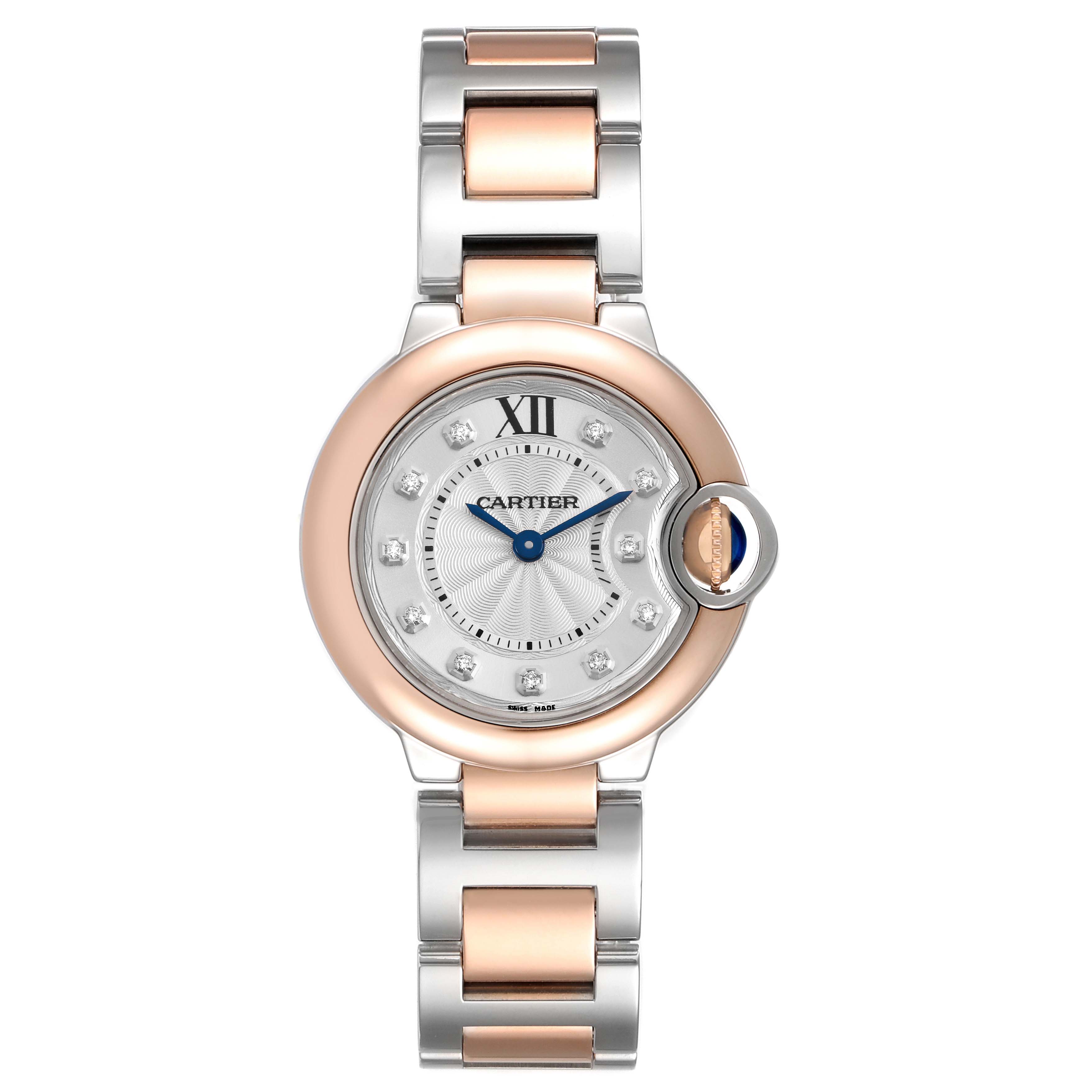 The Cartier Ballon Bleu W3BB0005 Women's Steel and Gold (two tone) Silver Dial watch is shown from the front, highlighting its round face and two-tone bracelet.