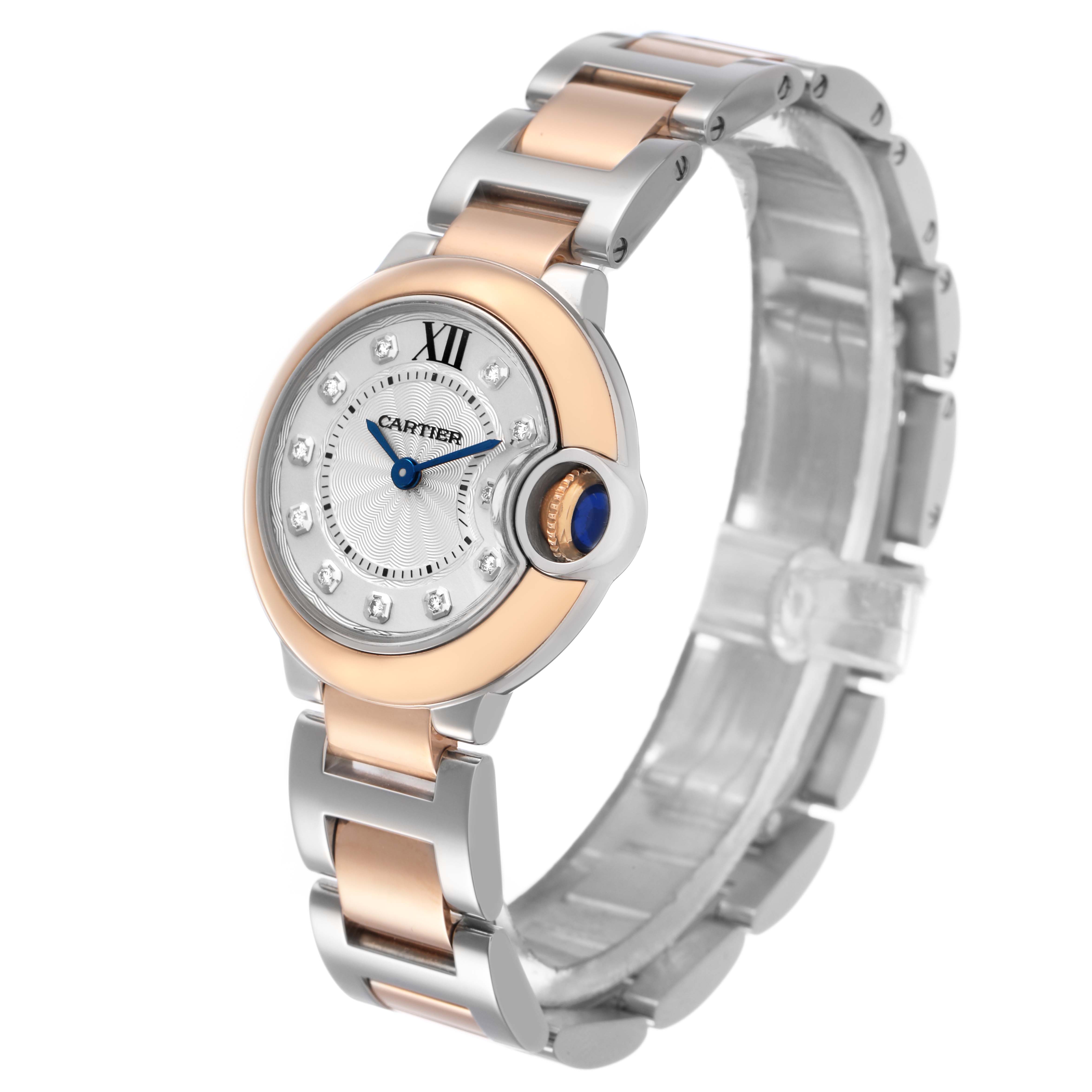 The Cartier Ballon Bleu W3BB0005 Women's Steel and Gold (two tone) Silver Dial watch is shown at a three-quarter angle, highlighting its two-tone bracelet and sapphire cabochon crown.