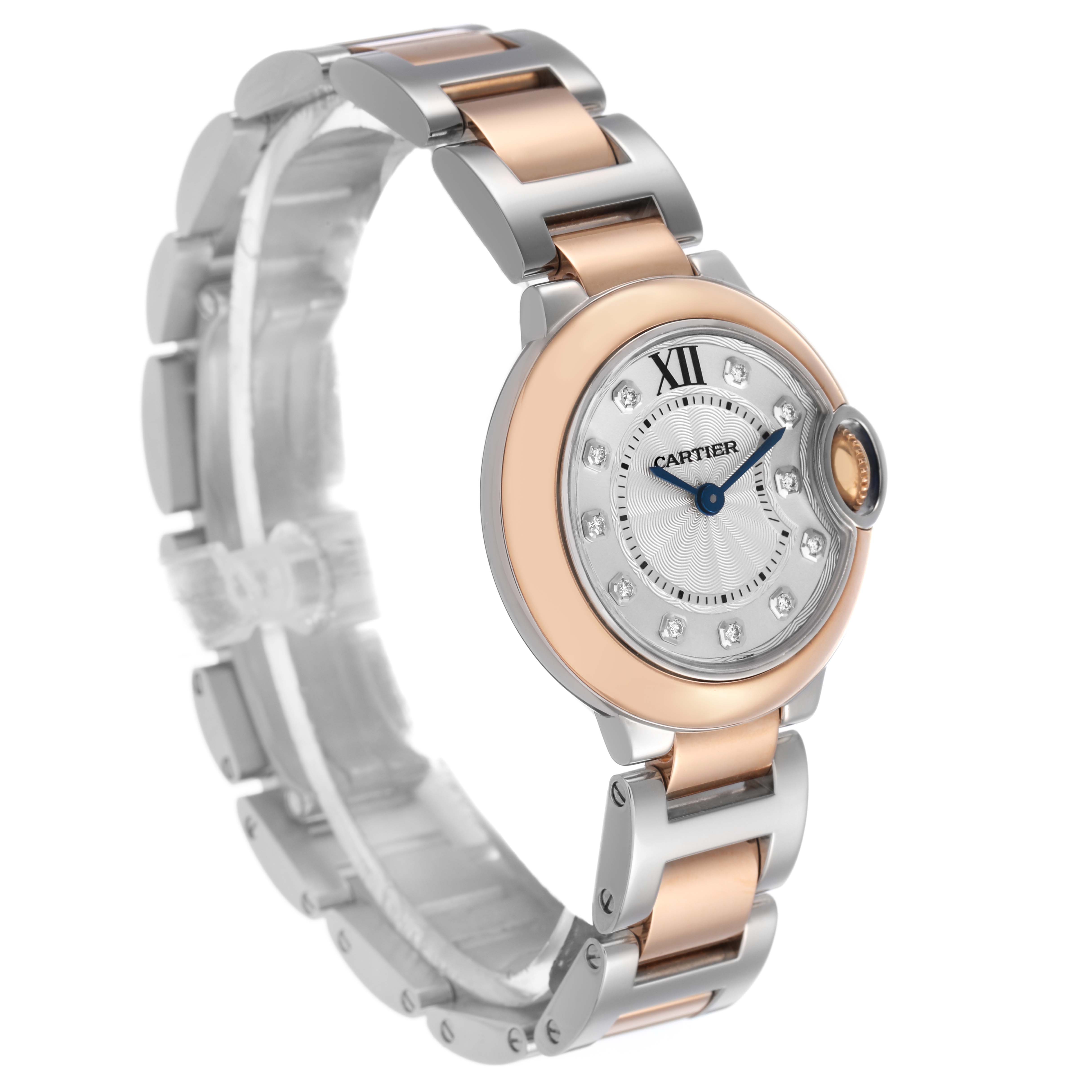 The Cartier Ballon Bleu W3BB0005 Women's Steel and Gold (two tone) Silver Dial watch is shown at a three-quarter angle, highlighting its two-tone bracelet and distinctive crown.