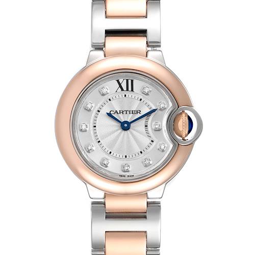 The Cartier Ballon Bleu W3BB0005 Women's Steel and Gold (two tone) Silver Dial watch is shown from the front, featuring its dial, rose gold bezel, and two-tone bracelet.