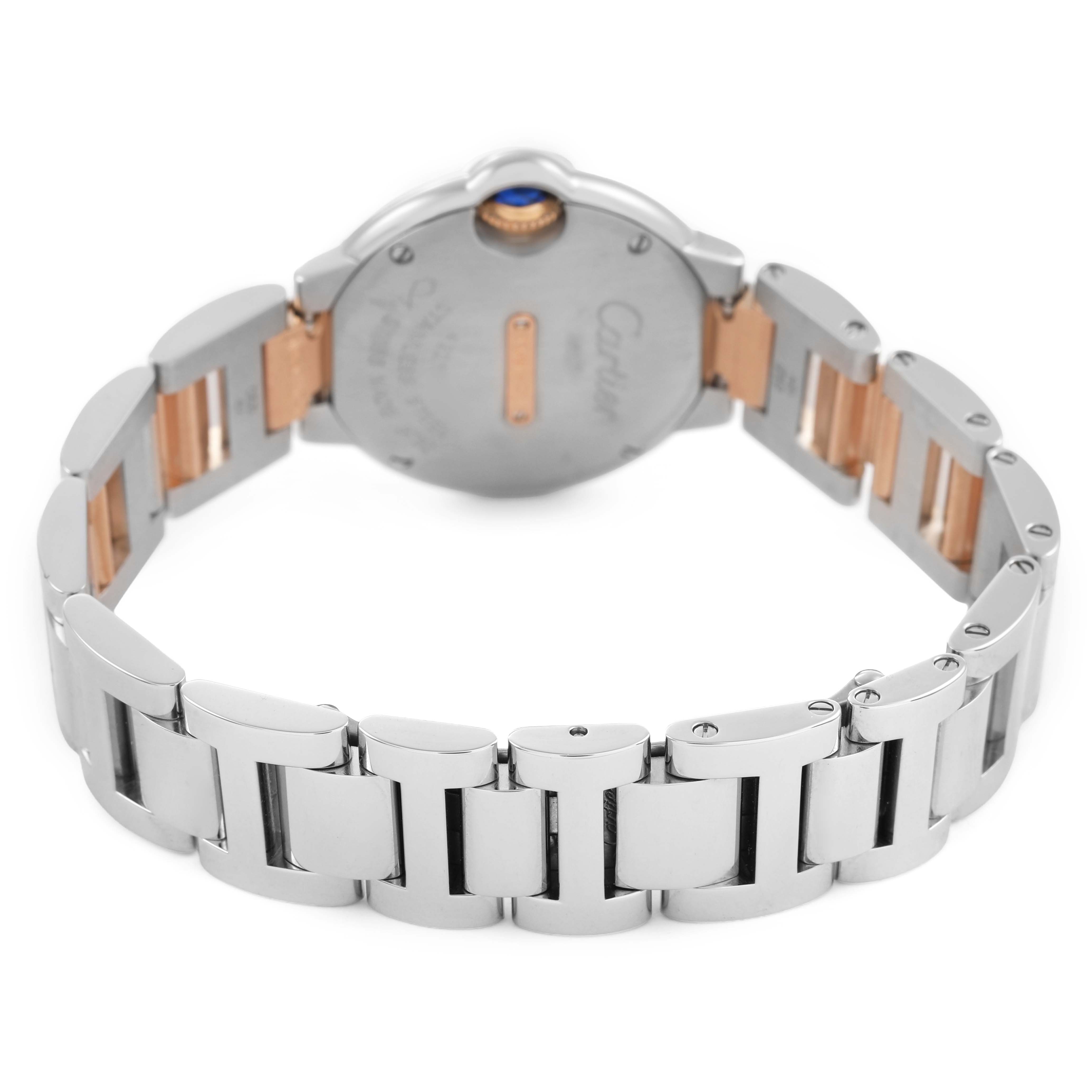 The image shows the back view of a Cartier Ballon Bleu W3BB0005 Women's Steel and Gold (two tone) Silver Dial watch, highlighting its metal bracelet and case back.