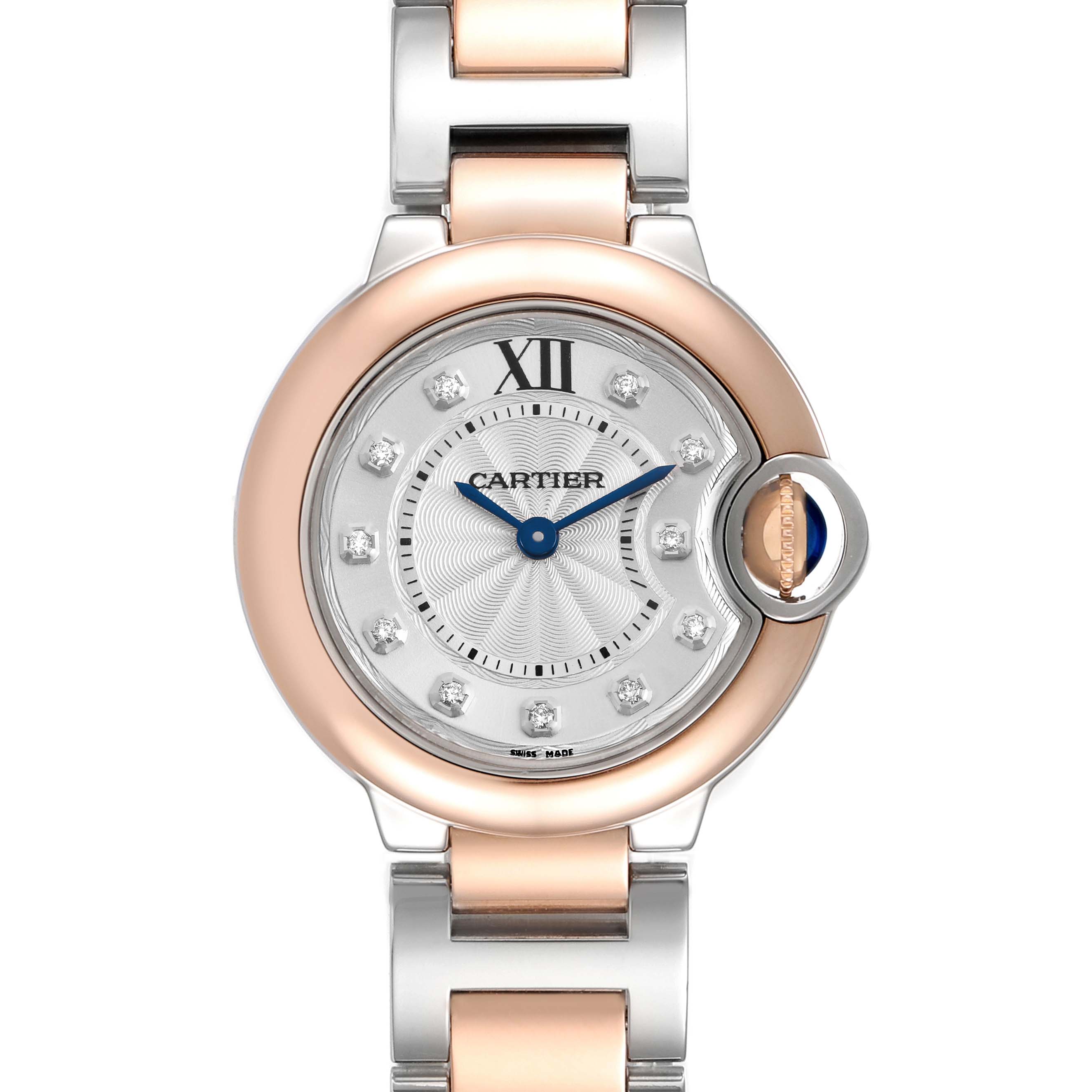 The Ballon Bleu by Cartier is shown from a top view highlighting the face, crown, and two-tone bracelet.