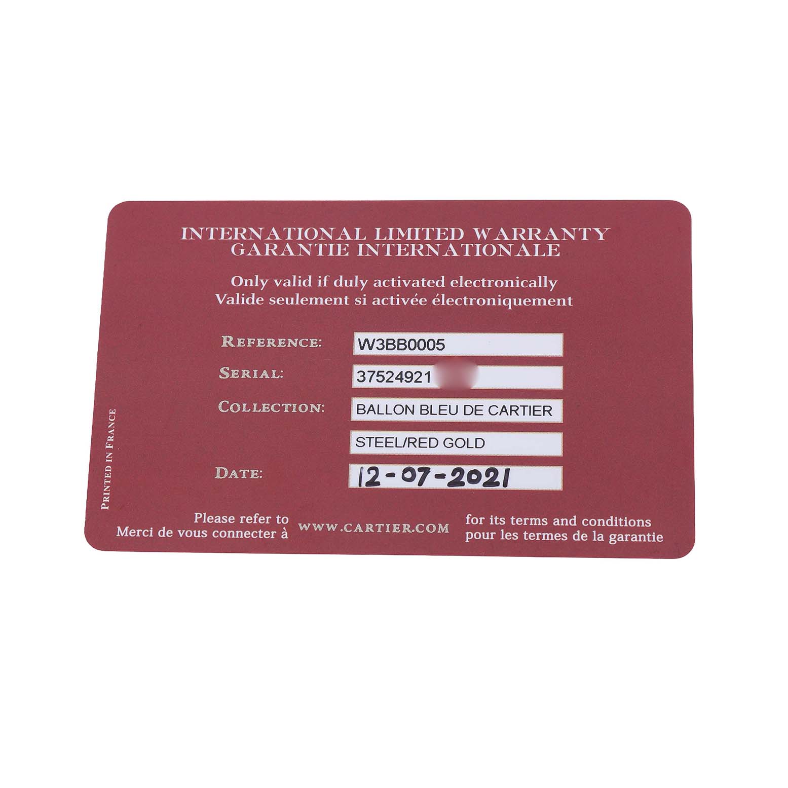 The image shows a warranty card for the Ballon Bleu de Cartier, detailing reference, serial number, and materials.