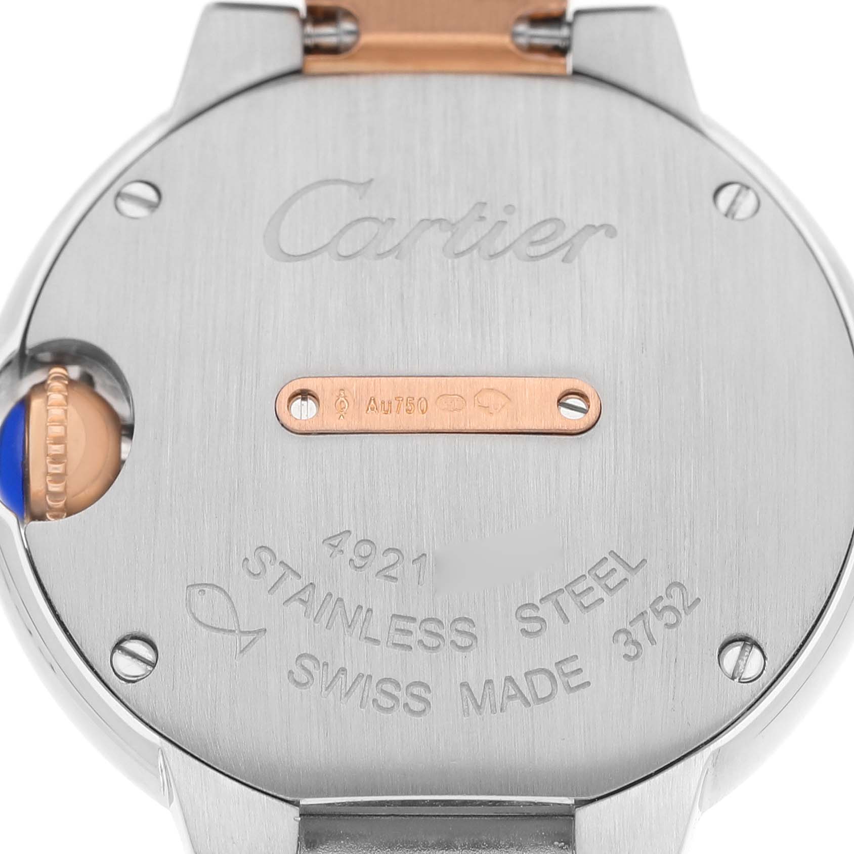 The image shows the back of a Cartier Ballon Bleu W3BB0005 Women's Steel and Gold (two tone) Silver Dial watch, highlighting the stainless steel case, crown, and engravings.