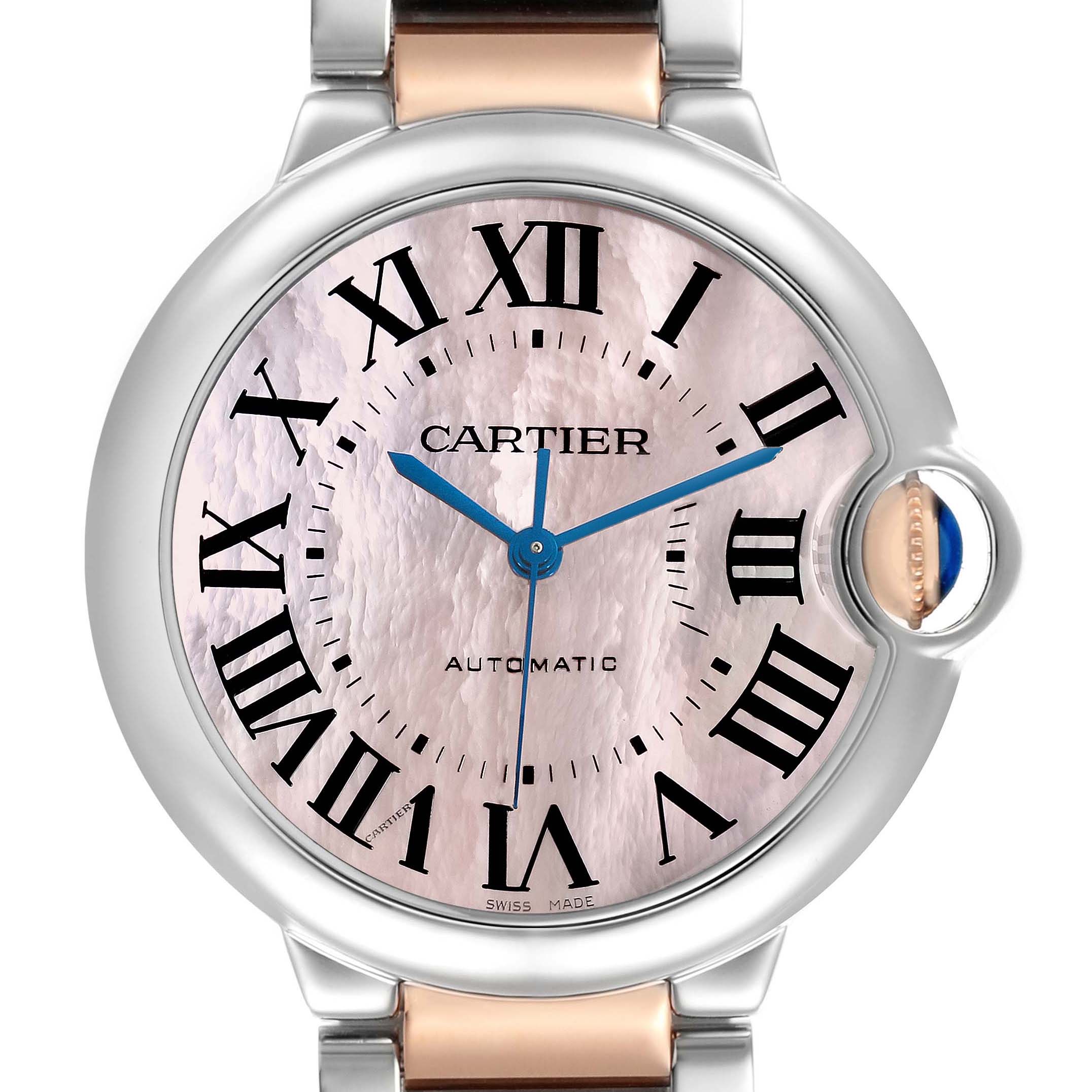 The Cartier Ballon Bleu W6920033 Women's Steel and Gold (two tone) Mother of Pearl Dial watch is shown from a frontal angle, featuring the dial, hands, and crown with a blue cabochon.