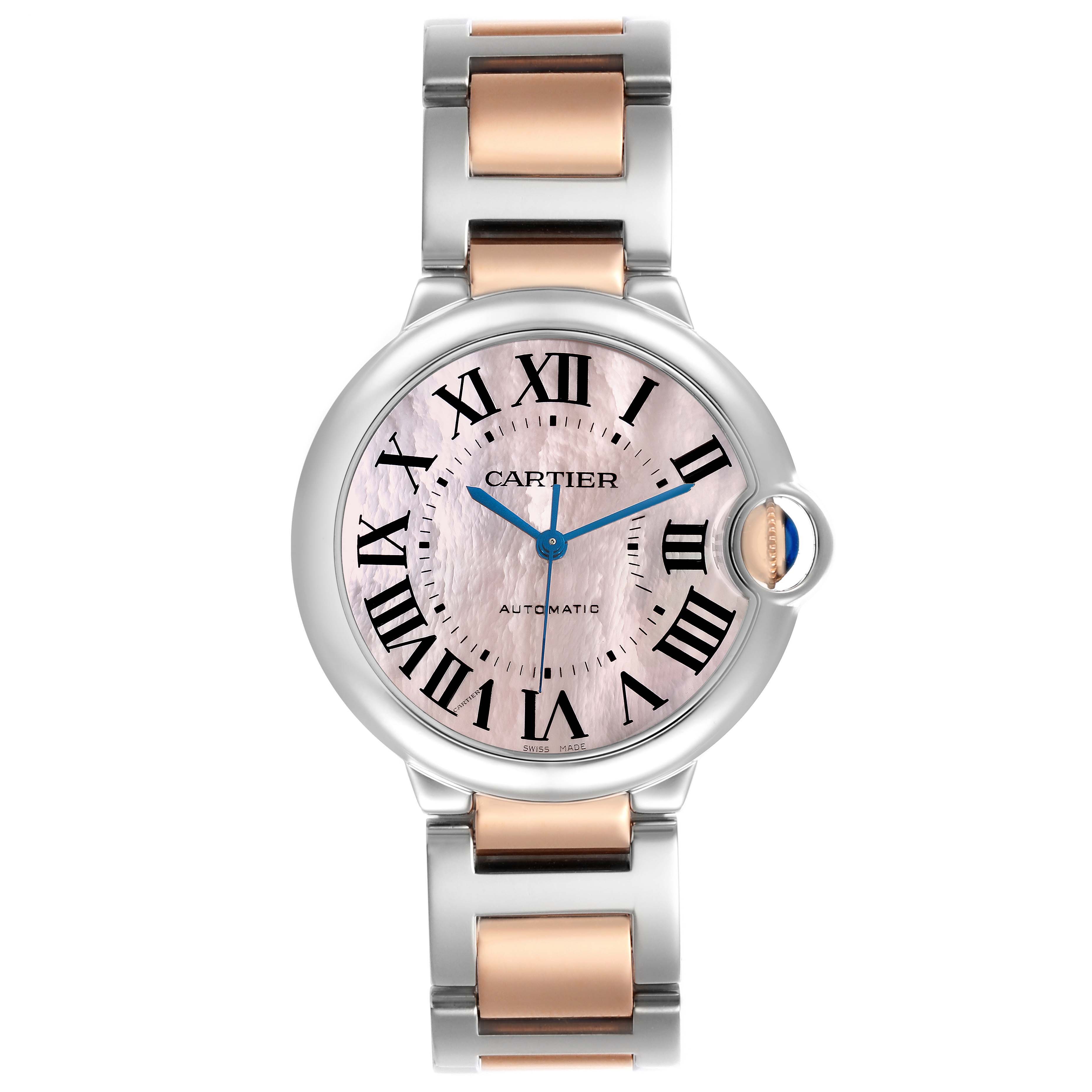 The Cartier Ballon Bleu W6920033 Women's Steel and Gold (two tone) Mother of Pearl Dial watch is shown from a front angle, displaying the face, bezel, and bracelet.