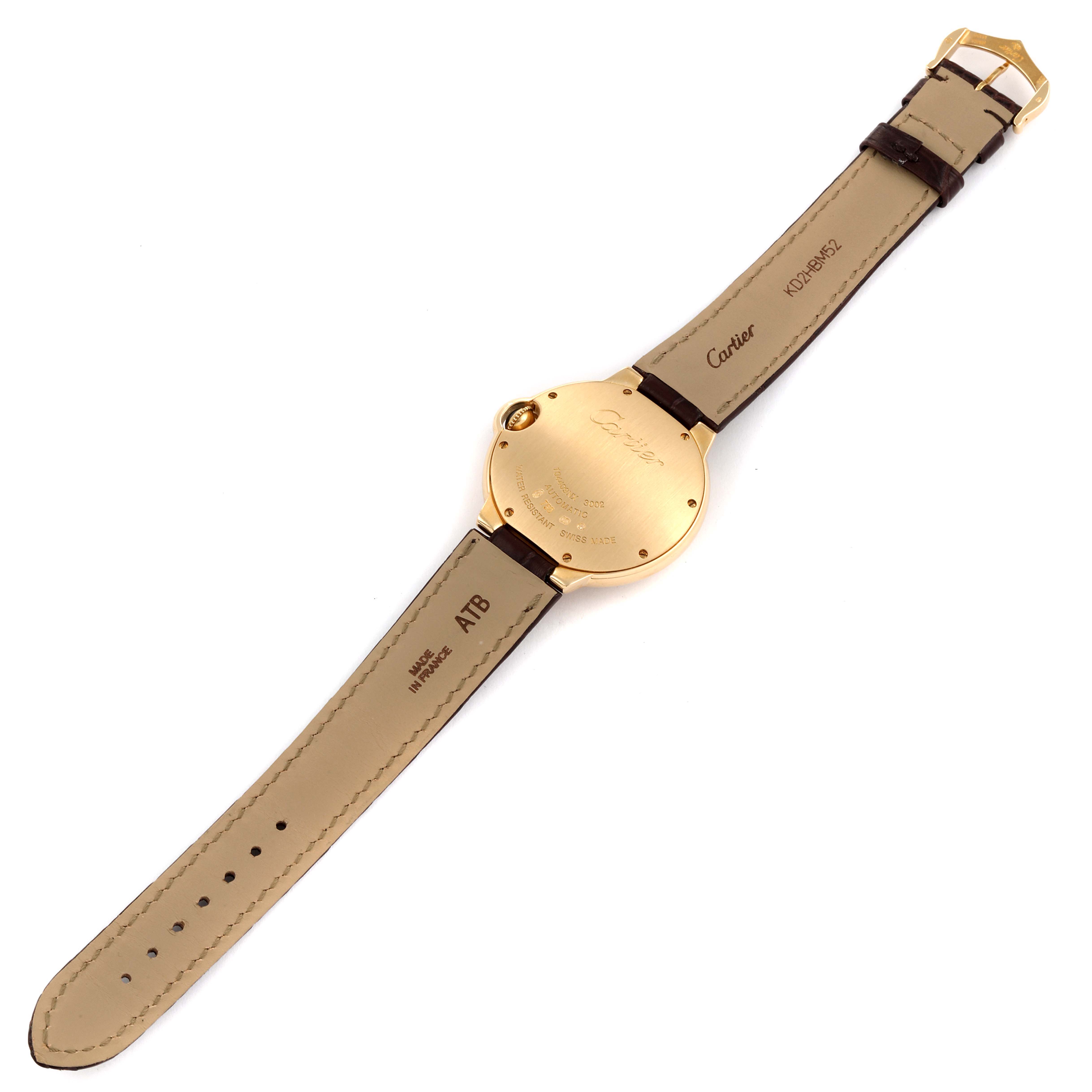 The Ballon Bleu model by Cartier is shown from the back, displaying the case and both sides of the leather strap.