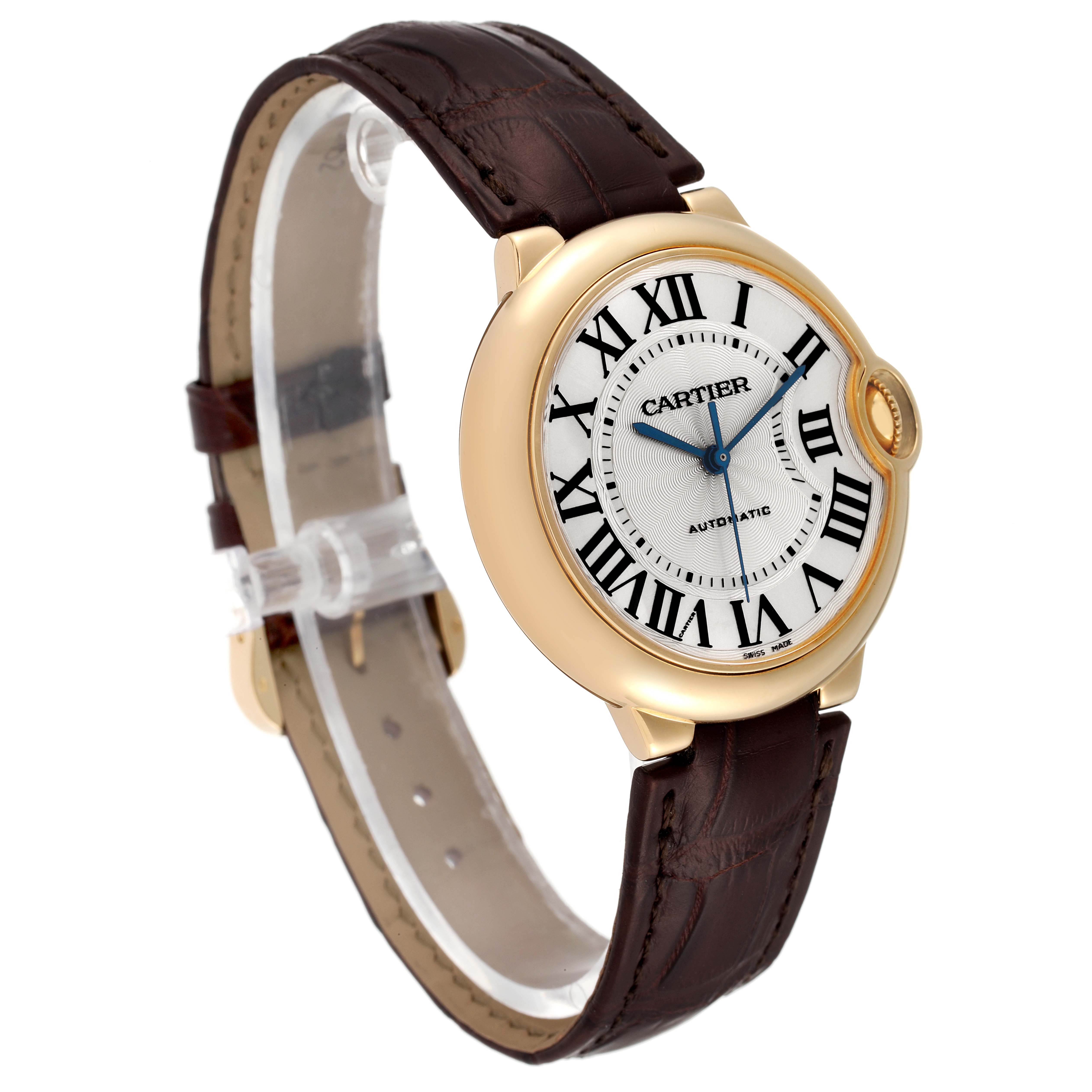 The image shows a side view of a Cartier Ballon Bleu W6900356 Men's Yellow Gold Silver Dial W6900356 Men's Yellow Gold Silver Dial watch, displaying its face, strap, and crown.