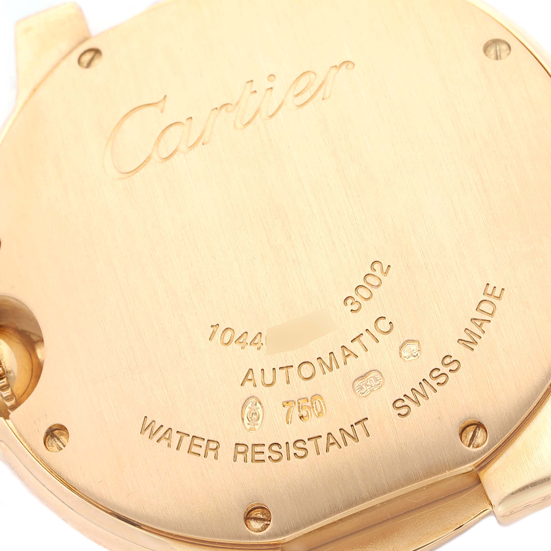 This image shows the back case of a Cartier Ballon Bleu W6900356 Men's Yellow Gold Silver Dial W6900356 Men's Yellow Gold Silver Dial watch, highlighting the engraved details and gold material.