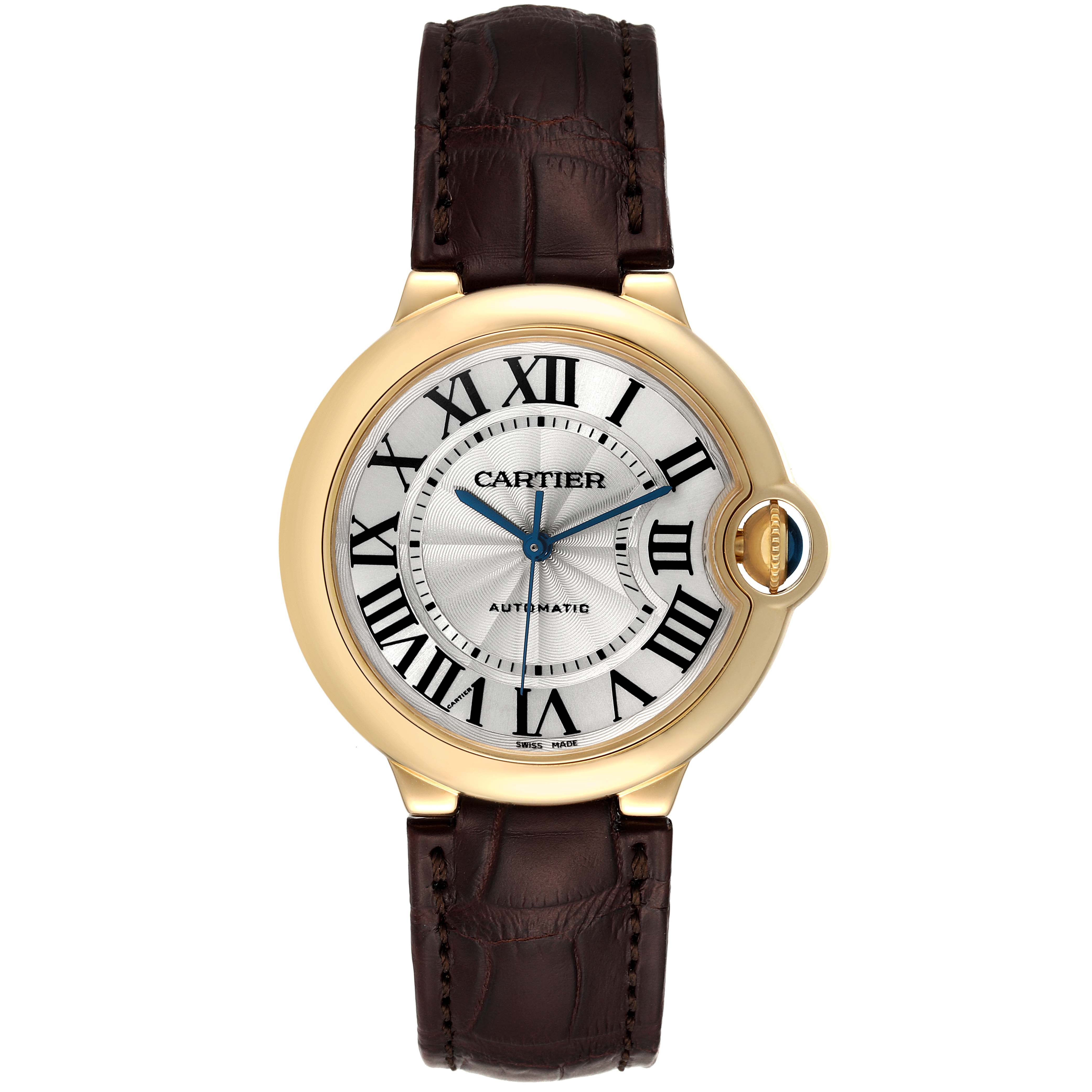 The image shows a front view of a Cartier Ballon Bleu W6900356 Men's Yellow Gold Silver Dial W6900356 Men's Yellow Gold Silver Dial watch, highlighting the dial, crown, case, and leather strap.