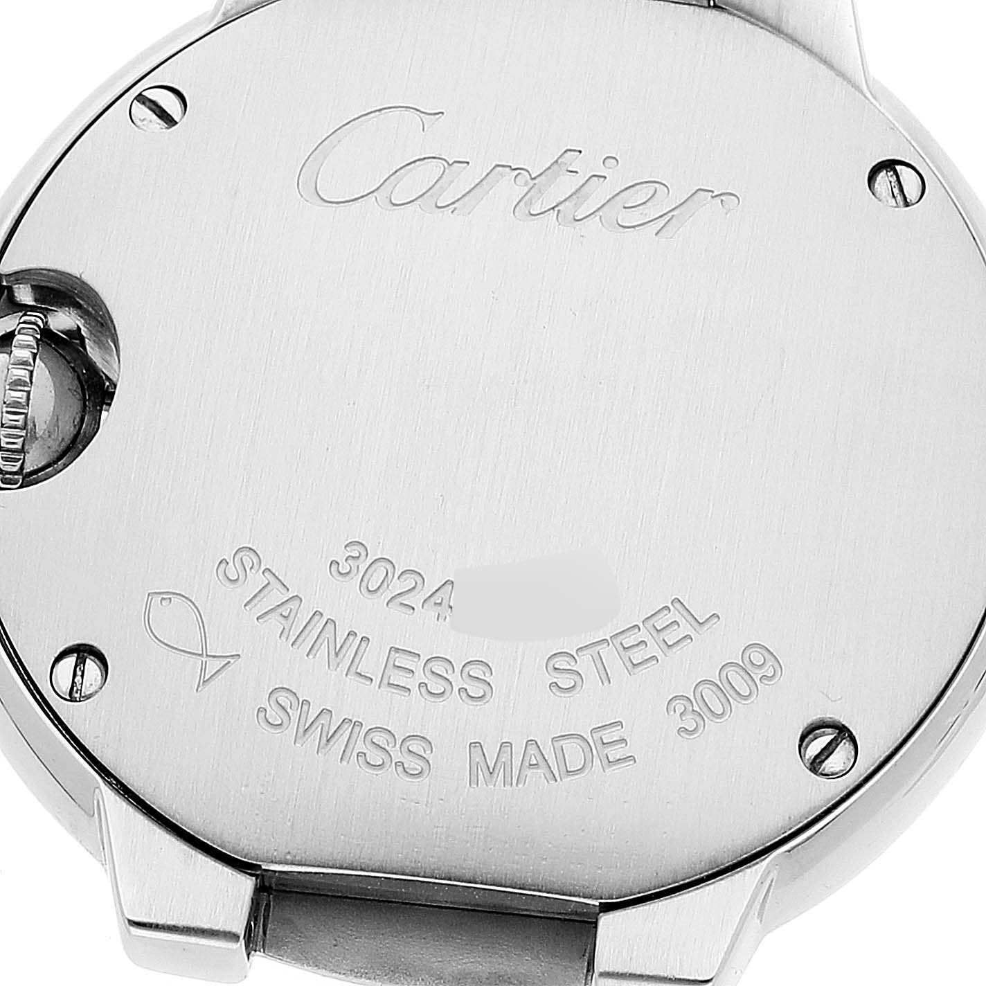 This image shows the back case of a Ballon Bleu model by Cartier, highlighting the stainless steel material and engraving.