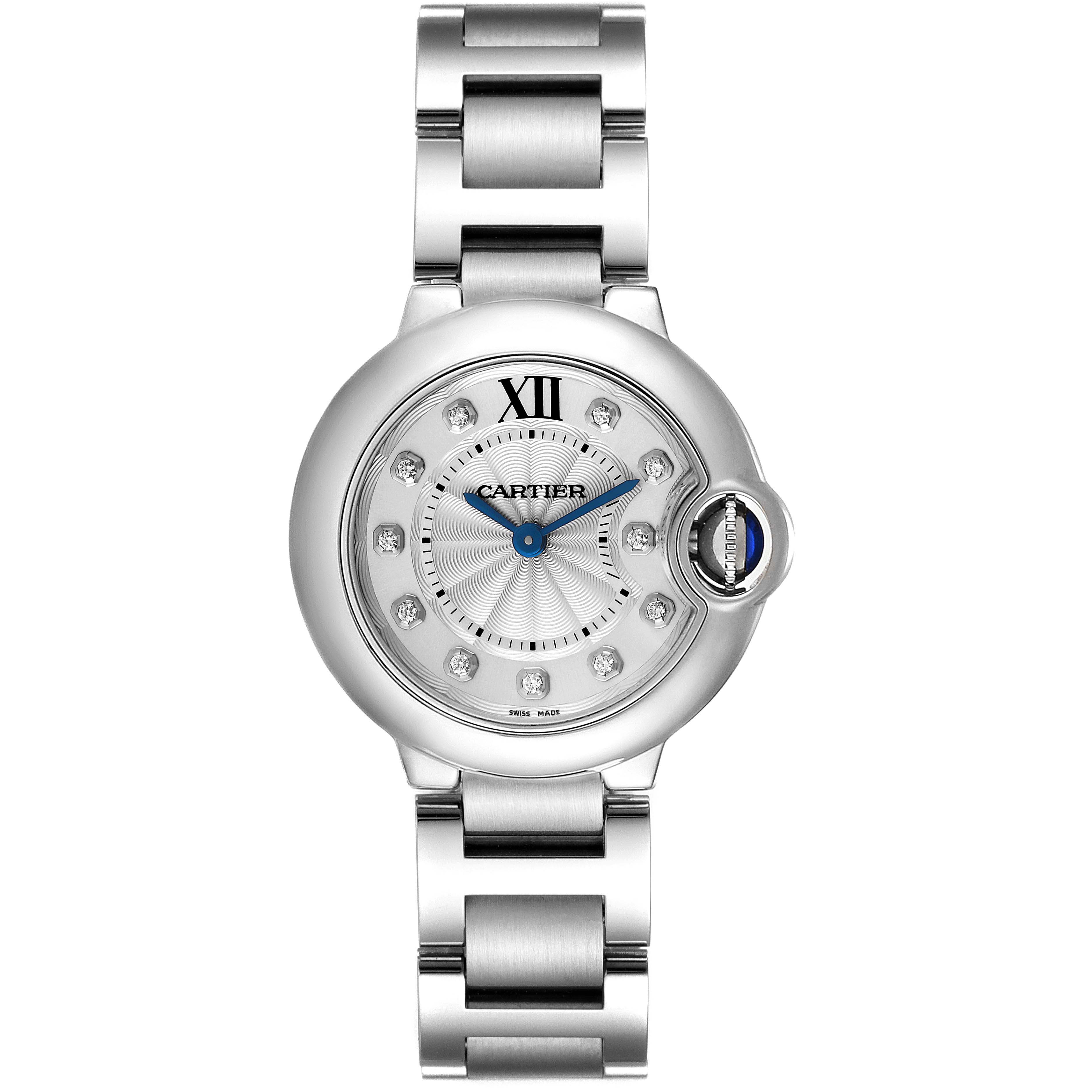 The image shows a Ballon Bleu model watch by Cartier from a top-down angle, displaying the face and bracelet.