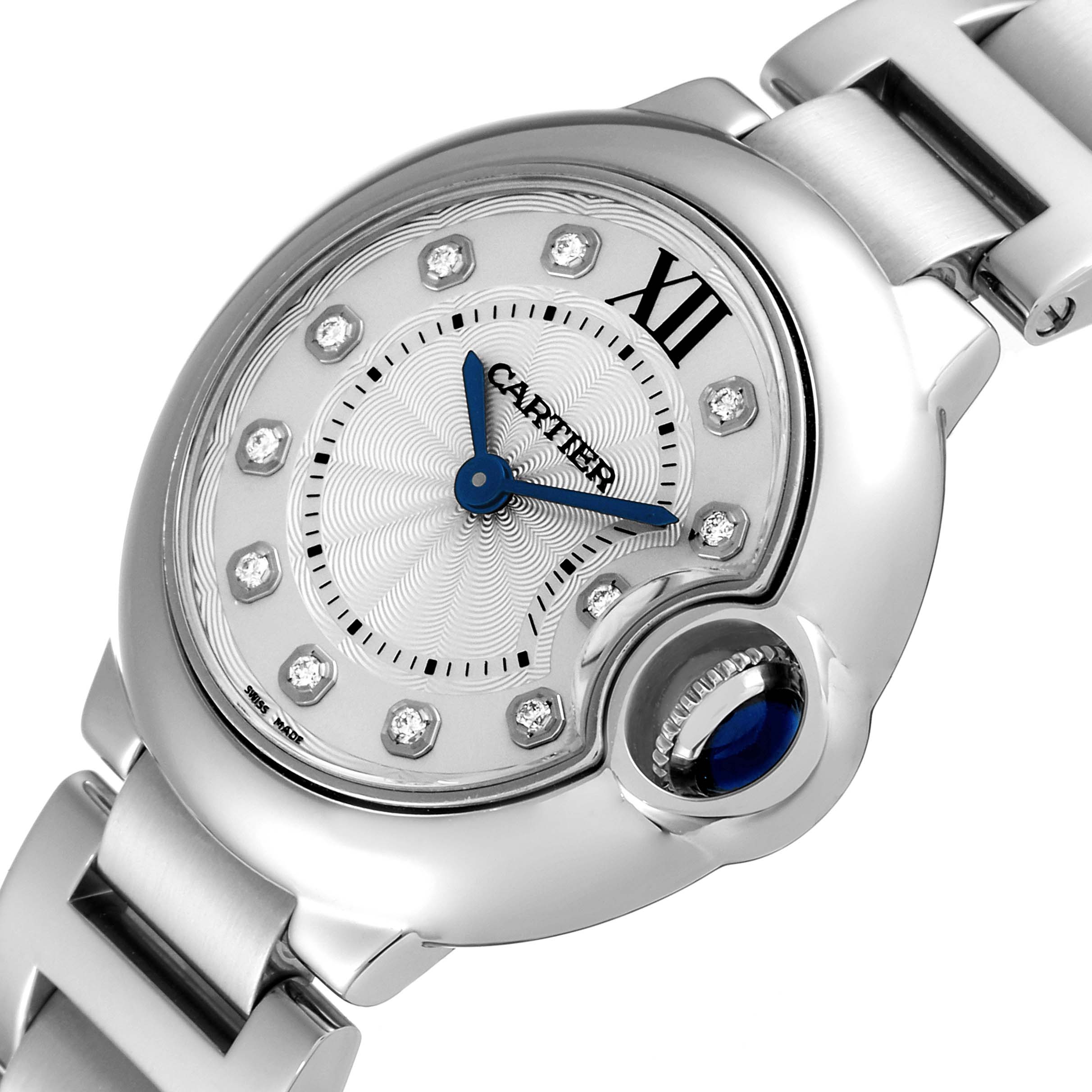 The image shows a close-up of the Ballon Bleu de Cartier watch face and part of its metal bracelet.