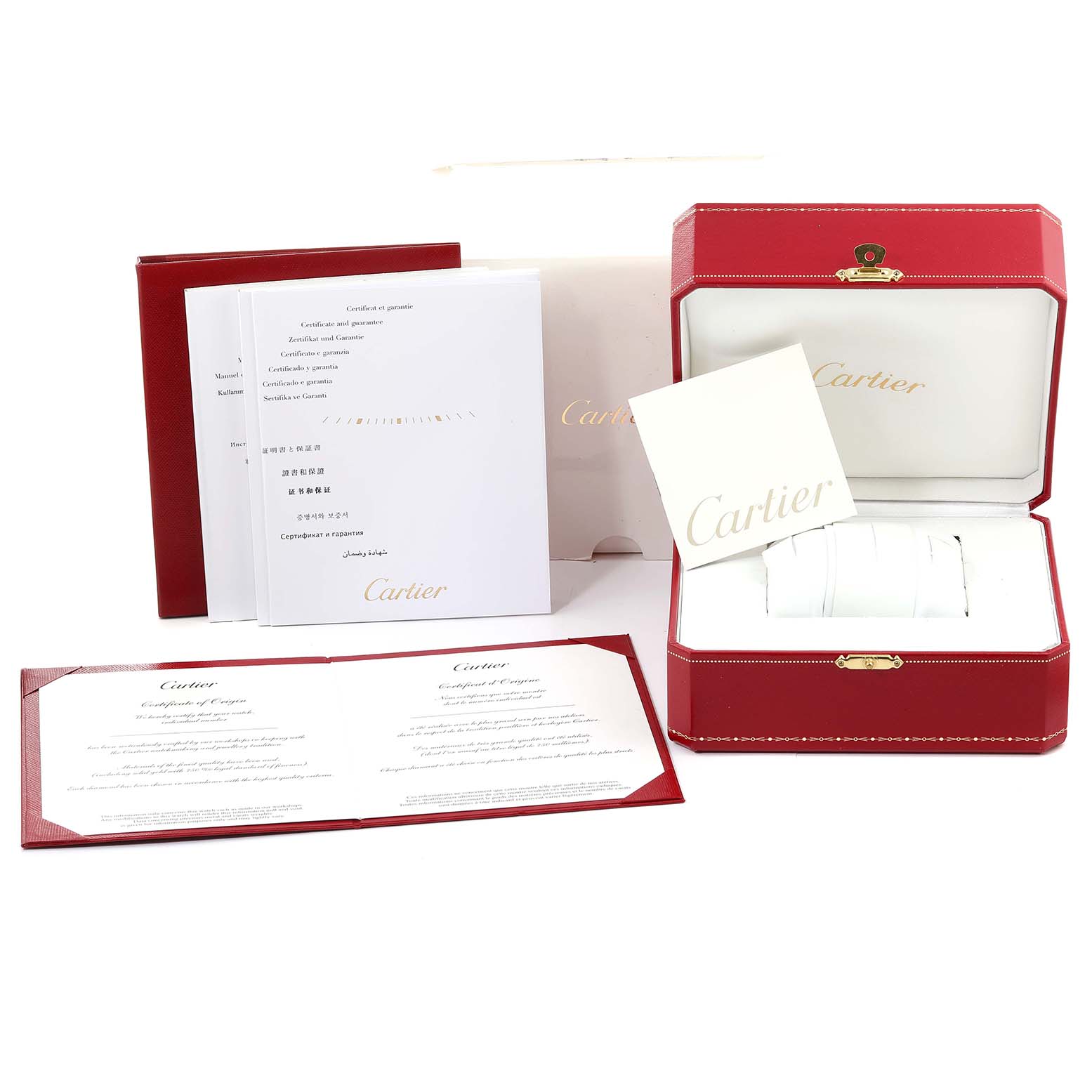 The image shows the packaging and accessories for a Cartier Ballon Bleu WE902073 Women's Stainless Steel Silver Dial WE902073 Women's Stainless Steel Silver Dial watch, including a red box, warranty, and certificate.