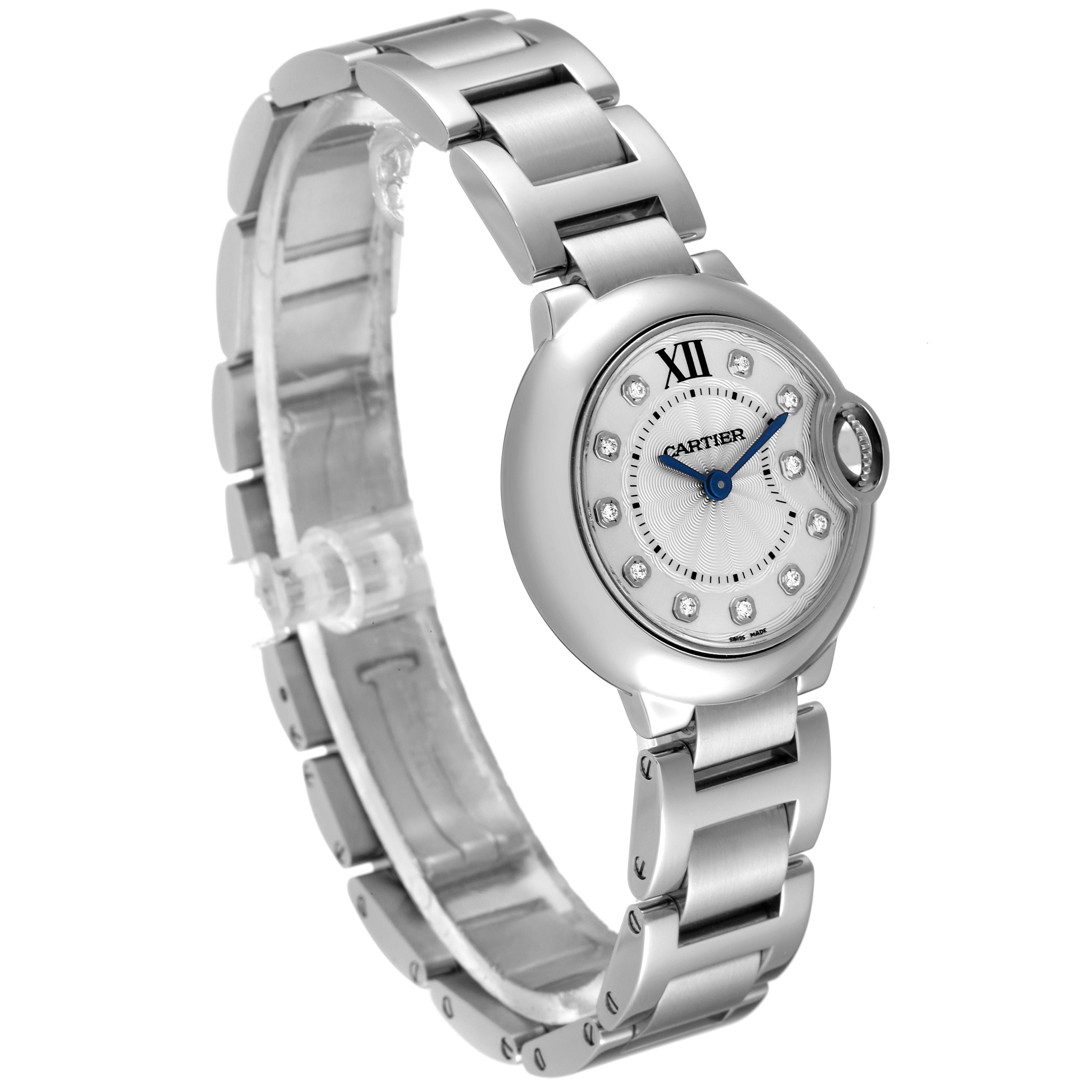 The image shows a side angle view of the Cartier Ballon Bleu WE902073 Women's Stainless Steel Silver Dial WE902073 Women's Stainless Steel Silver Dial watch, revealing its face, dial, and part of the bracelet.